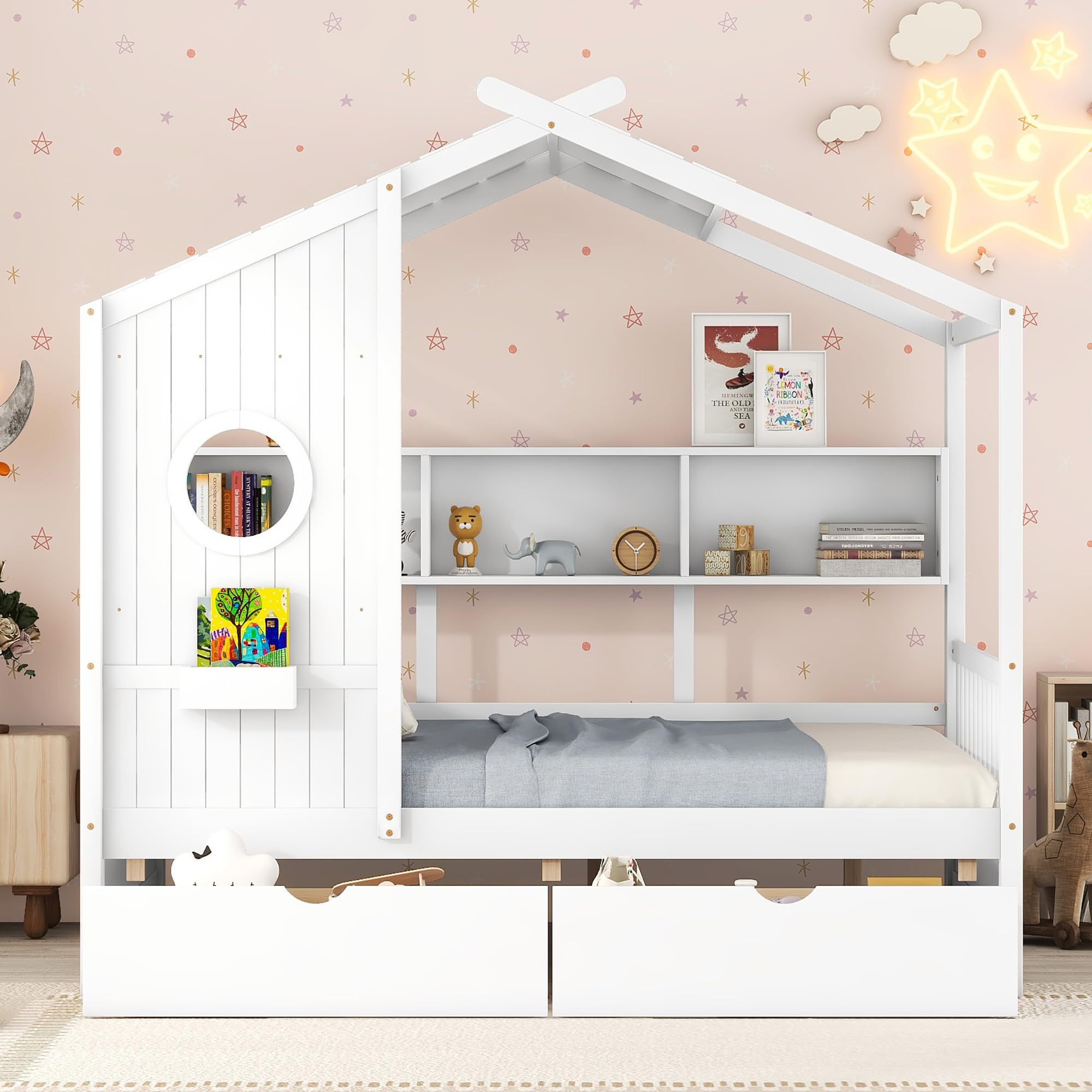 **Full Size Wooden Kids House Bed with Storage Drawers & Shelves - Montessori Playhouse Bed for Boys & Girls - White - Perfect for Bedrooms, Playrooms & Montessori Learning Spaces**