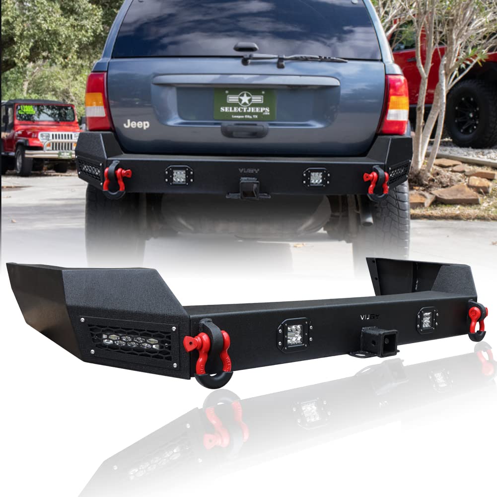 1999-2004 Jeep Grand Cherokee WJ Rear Bumper with Textured Black Finish, 4 LED Lights & D-Ring Tow Hooks - Off-Road Protection & Recovery Accessory for Adventure & Towing