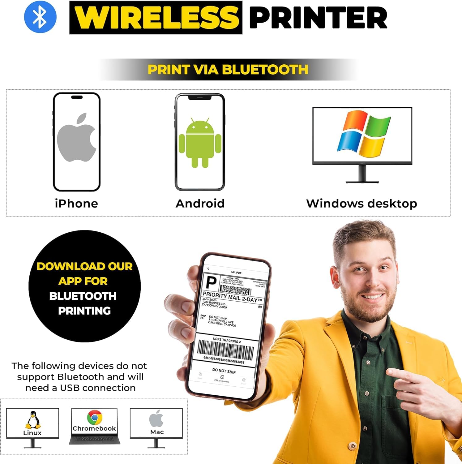 Bluetooth Thermal Label Printer 4x6 - Wireless Shipping Label Printer for iPhone, Android, Windows, Mac - Compatible with Amazon, eBay, UPS, USPS - Perfect for Home Office, Small Business & E-commerce Sellers (White)