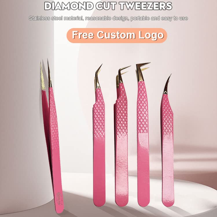 Professional Diamond Grip Eyelash Extension Tweezers Set - Isolation, Volume & Straight Tweezers for Lash Artists, Makeup & Nail Techs (Pink) - Perfect for Salon, Spa & Home Use