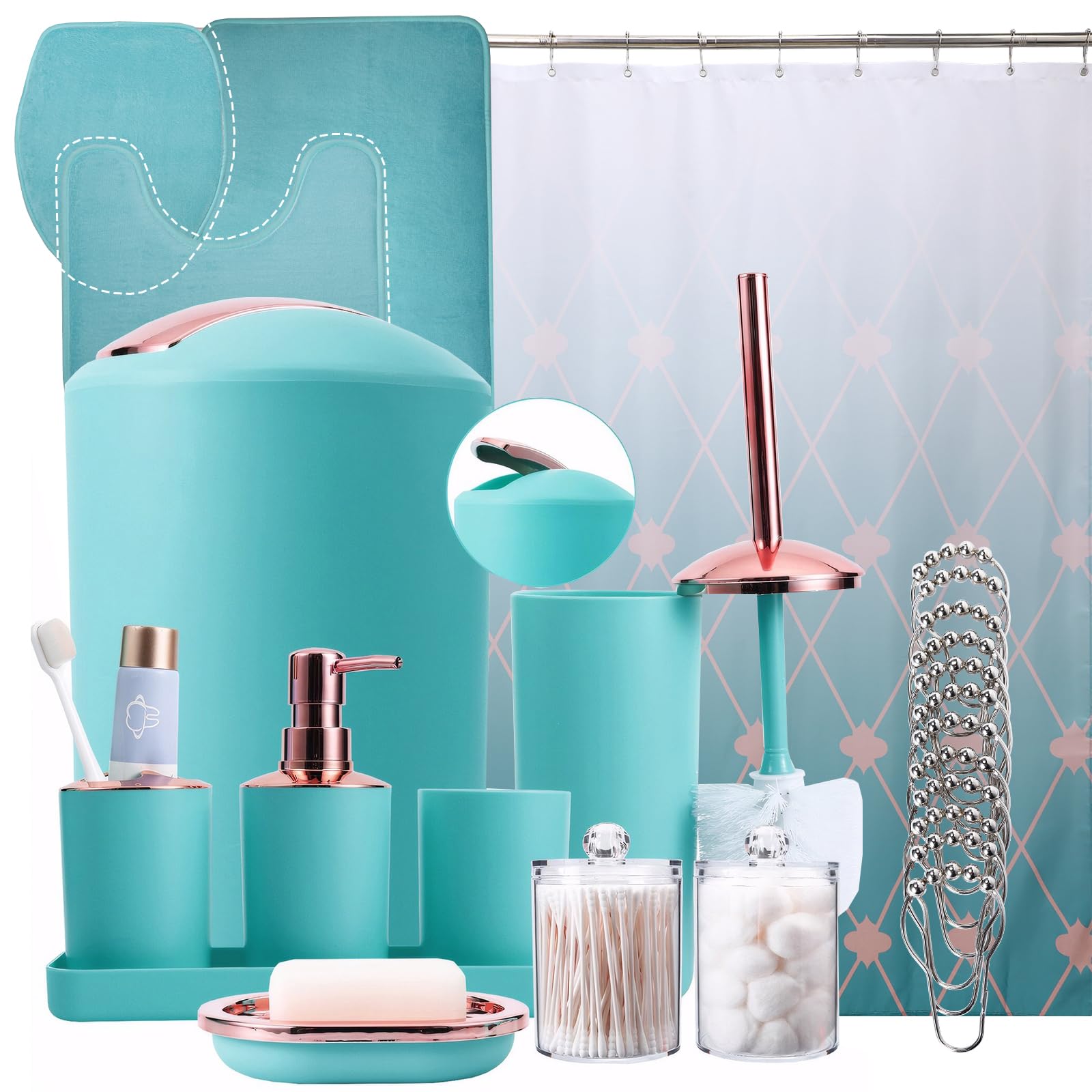 25-Piece Teal Bathroom Accessories Set with Shower Curtain, Rugs & Essentials - Includes Trash Can, Soap Dispenser, Toothbrush Holder, Toilet Brush, Tray & More | Modern Spa Decor for Guest Bathrooms, Master Suites & Apartment Upgrades