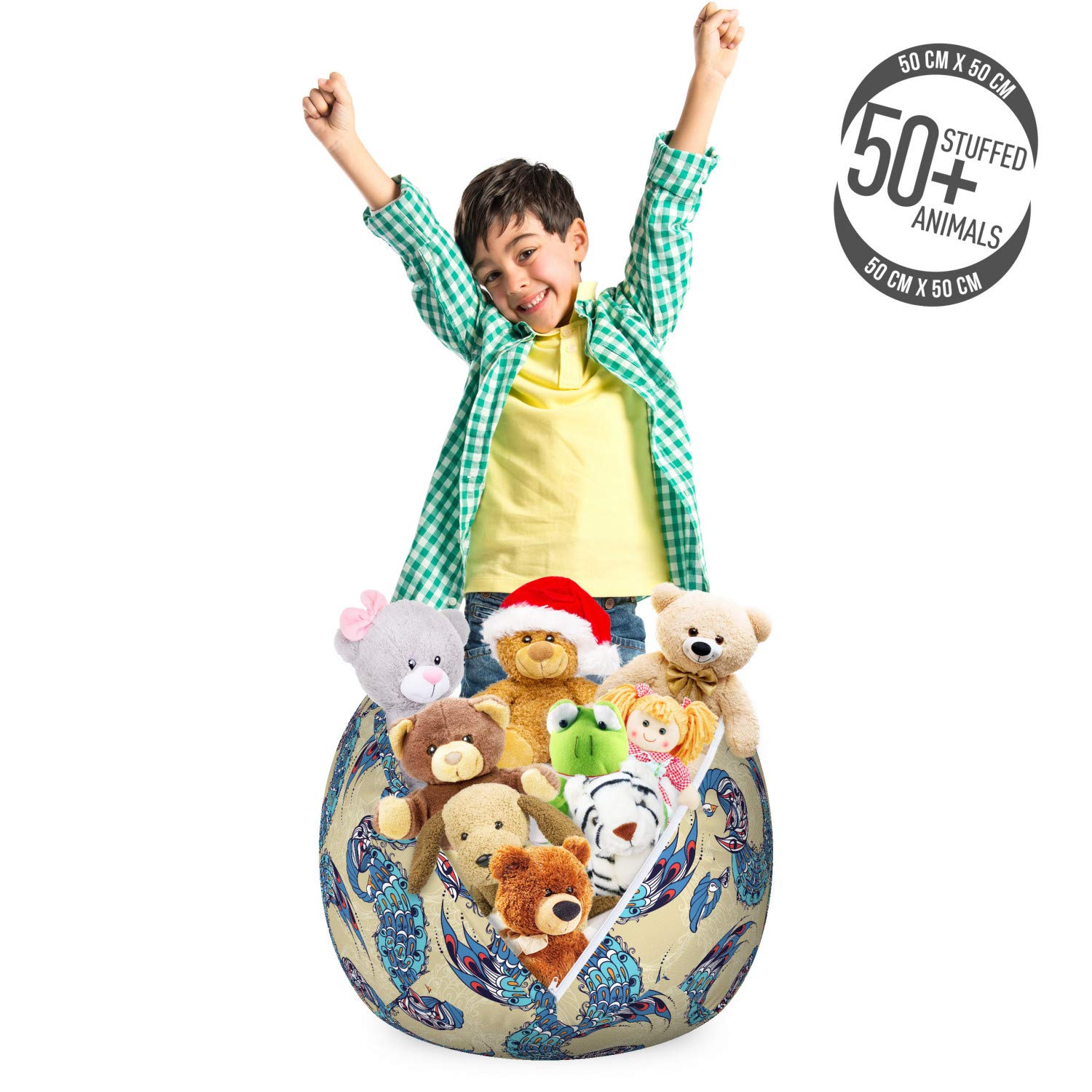 Ambesonne Washable Toy Storage Bag Chair - Abstract Japanese Peacock Design, Small Grey Yellow Multicolor Organizer for Stuffed Animals | Perfect for Kids' Room, Nursery & Playroom Organization