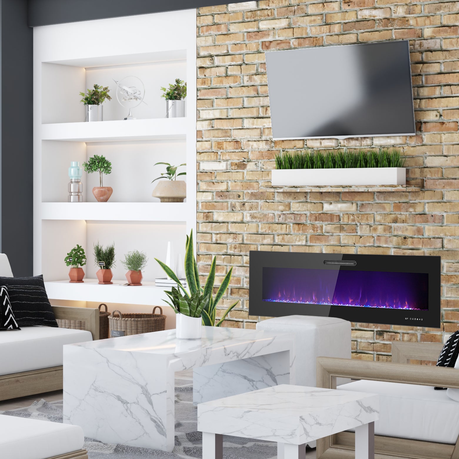 60 Inch LED Slim Electric Fireplace Insert - Wall Mounted Fireplace with 1500W Heater, Adjustable Realistic Flame, Remote Control | Log & Crystal Ember Options | Perfect for Living Room, Bedroom & Office Heating & Decor