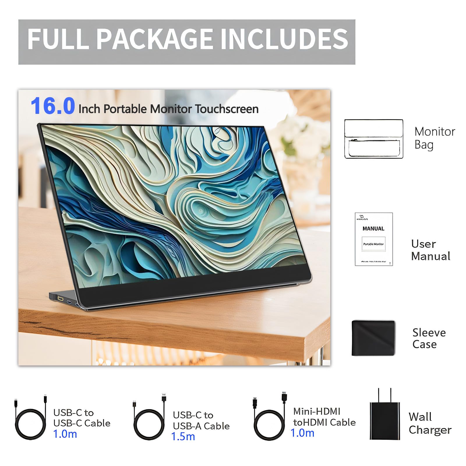 4K 16-inch Portable Monitor for Laptop - 3840x2400 Resolution IPS Screen, Ultra-Slim External Travel Monitor for MacBook, Mini PC, Gaming | Includes Folding Stand & Protective Case | Perfect for Remote Work, Business Travel, and Mobile Gaming