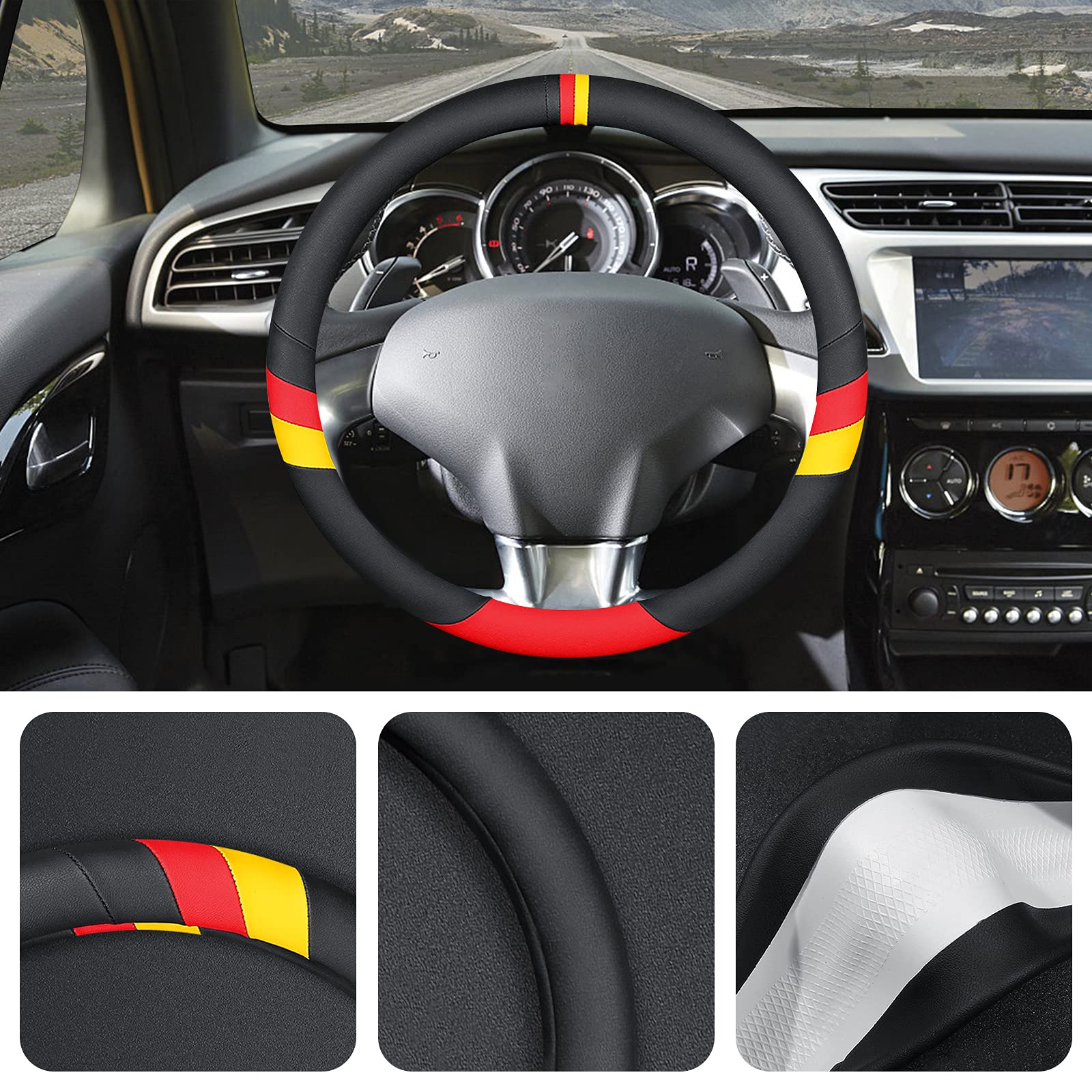 Premium Nappa Leather Steering Wheel Cover - Anti-Slip, Breathable & Sweat Absorbent - Round Shape for 38cm (15