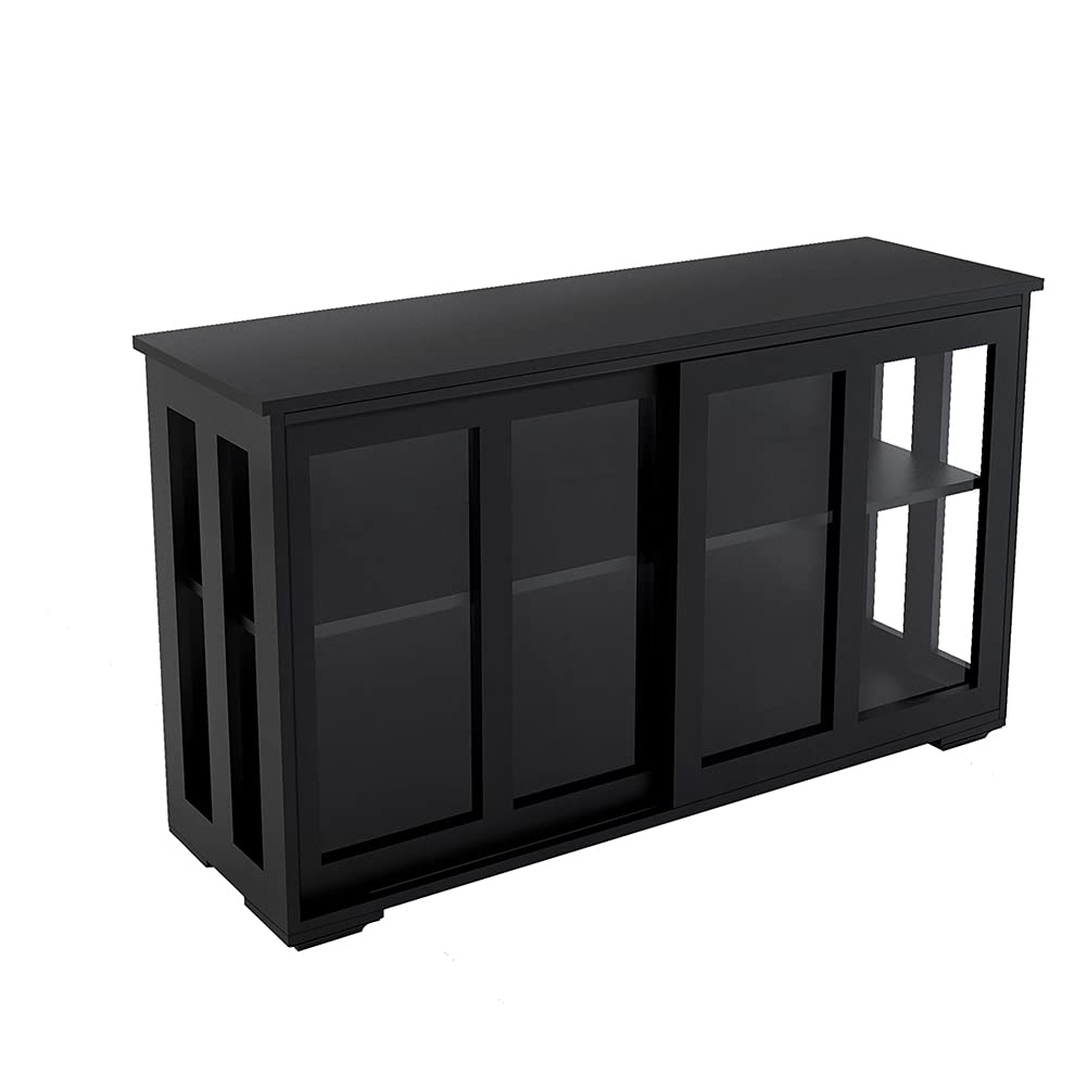 Antique Black Kitchen Buffet Cabinet with Sliding Glass Doors - Multi-Functional Sideboard Storage for Dining Room & Kitchen | Perfect for Entertaining, Displaying China, and Organizing Tableware