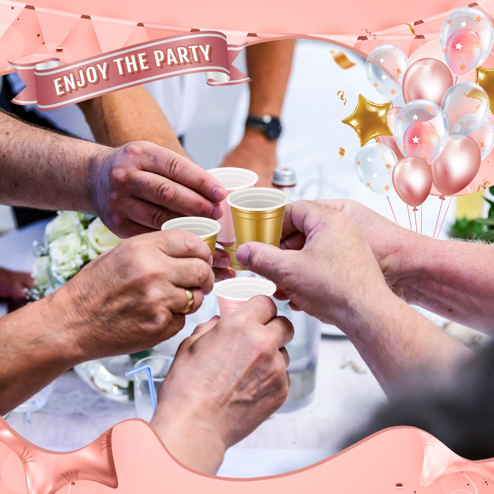 Roshtia 100-Pack 2 oz Plastic Easter Shot Cups | Disposable Mini Shot Glasses for Wedding, Graduation & Summer Parties | Perfect for Beer Tasting, Snacks & Cocktails (Light Pink & Gold) | Ideal for Holiday Celebrations, Bridal Showers & Outdoor Events