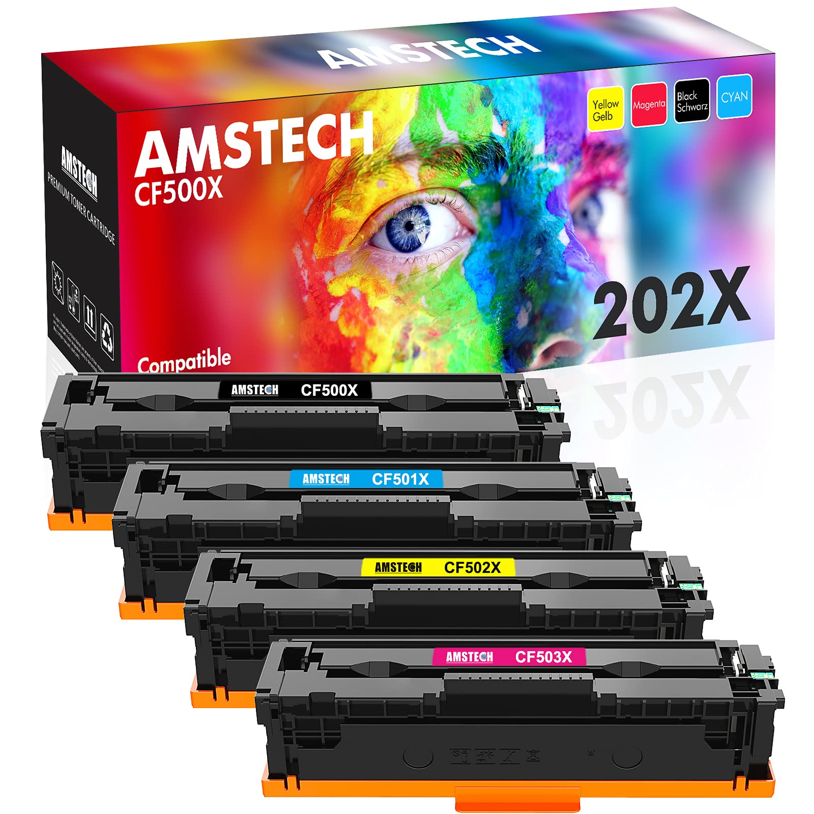 Amstech Compatible Toner Cartridge Replacement for HP 202A 202X CF500X CF501X CF502X CF503X - Works with HP Laserjet Pro MFP M281fdw M281cdw M254dw M254dn M280nw (Black, Cyan, Yellow, Magenta, 4-Pack) - High Yield Printing for Office & Home Use
