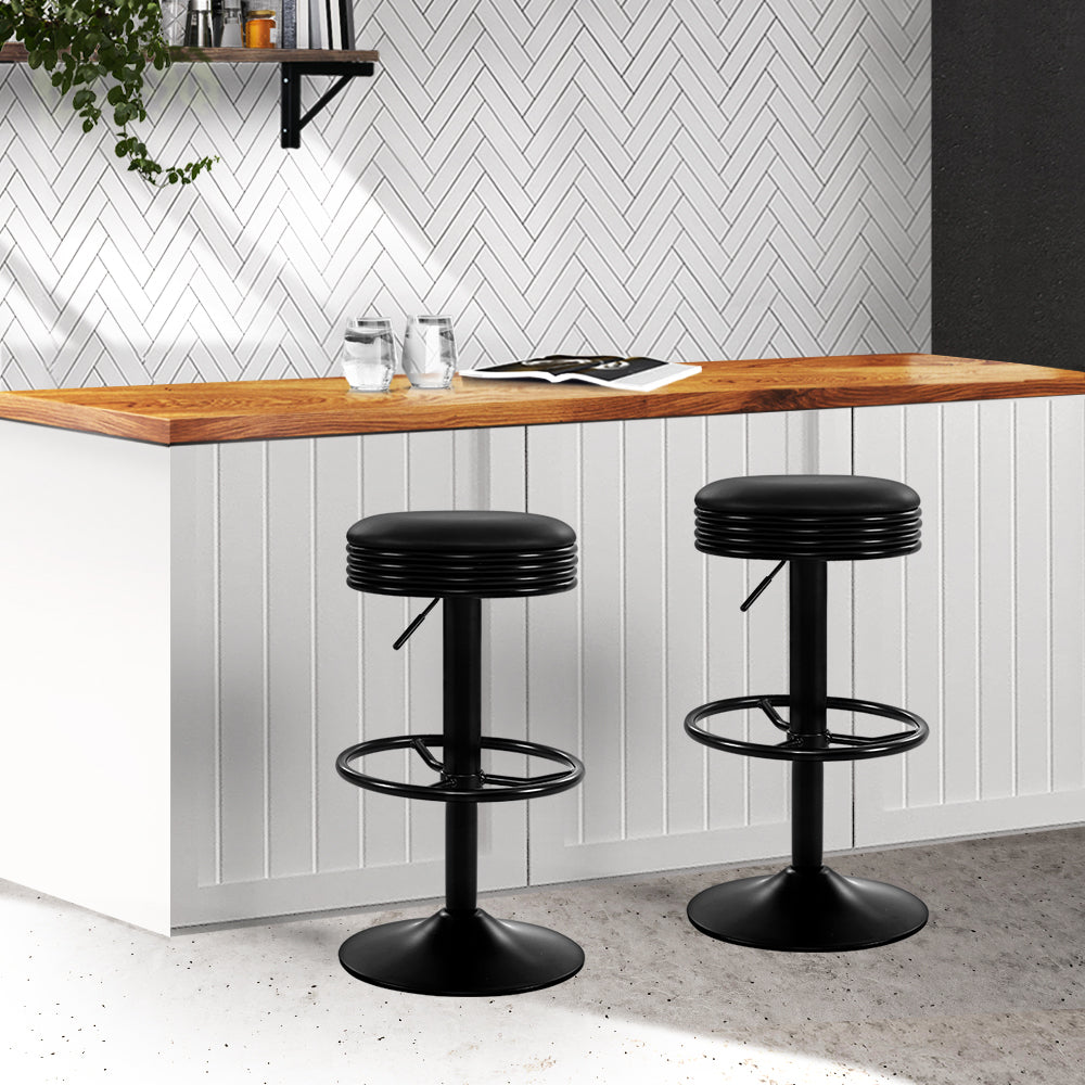 2 Pack Black Leather Bar Stools with Padded Seats and Gas Lift Mechanism - Perfect for Kitchen Islands, Home Bars, and Dining Counter Height Tables