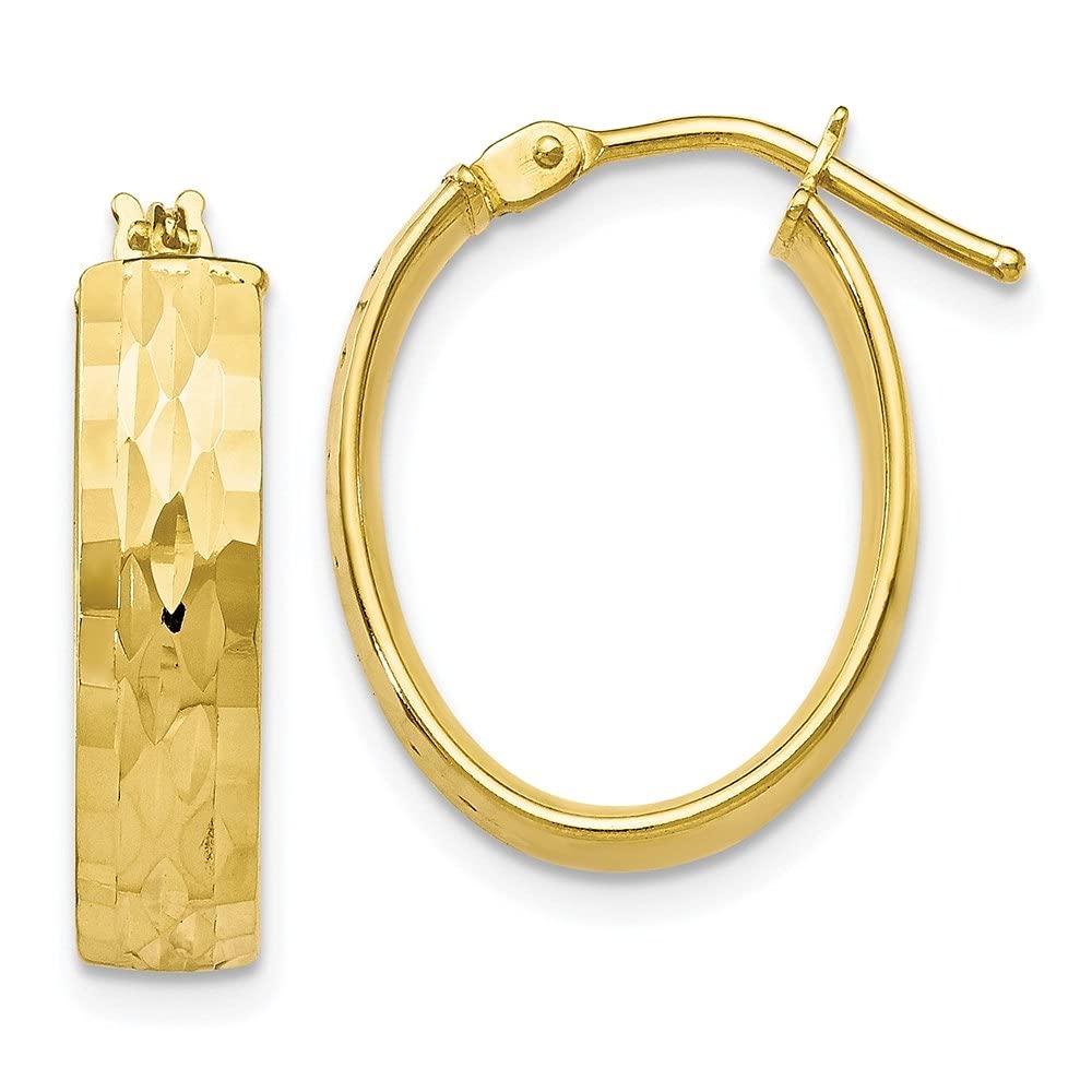 10K Yellow Gold Polished Diamond Cut Oval Hinged Hoop Earrings for Women | Elegant Everyday & Special Occasion Jewelry | Diamond2Deal