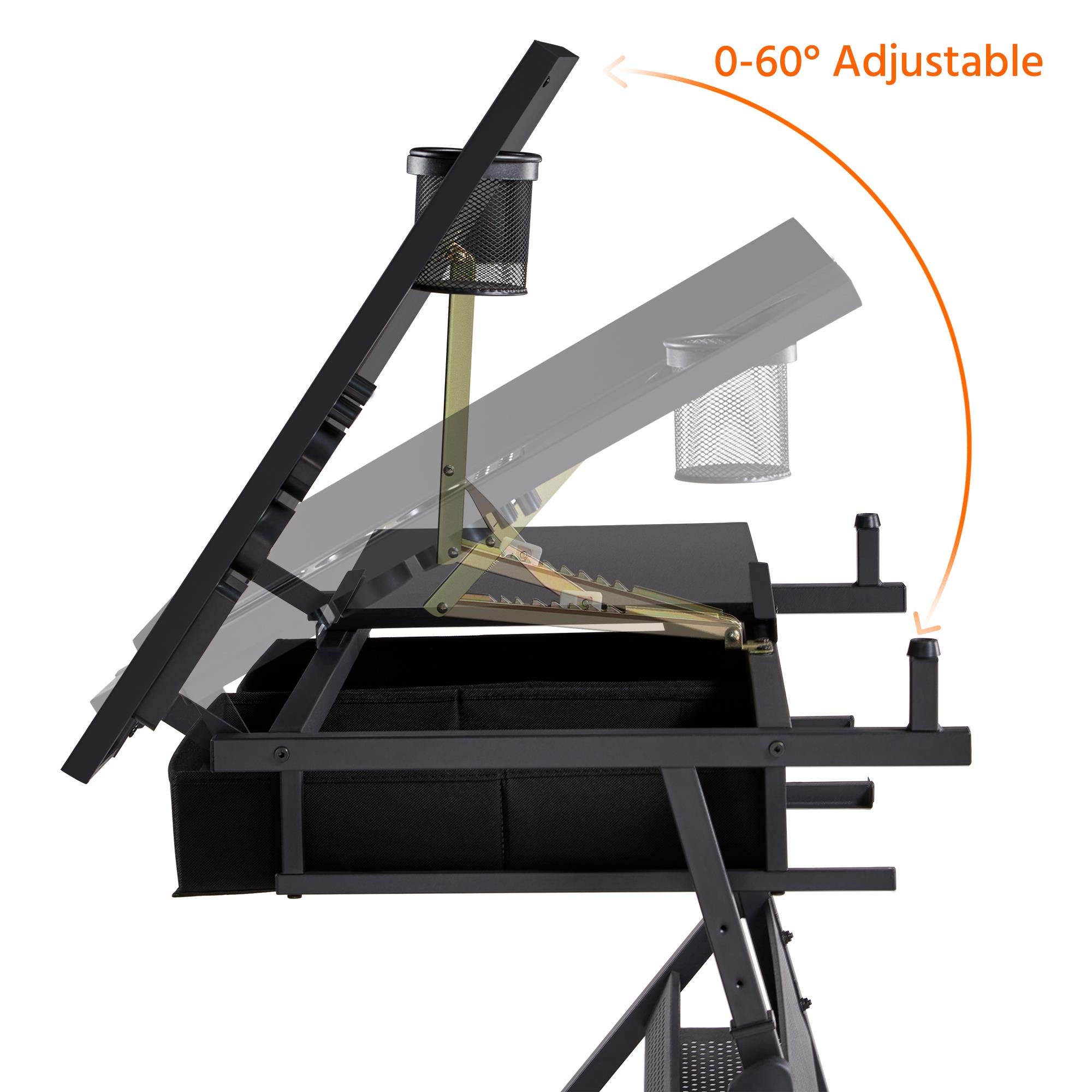Yaheetech Adjustable Drafting Table for Artists - Height Adjustable Drawing Desk with 2 Storage Drawers & Stool - Perfect for Diamond Painting, Crafting, Home Office & School Use - Black Art Workstation