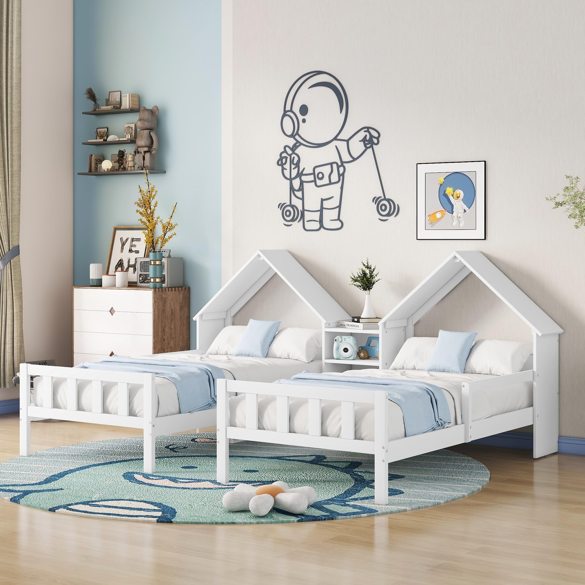 Harper & Bright Designs White Wooden Double Twin Bed Frame for Kids - House-Shaped Headboard with Built-in Nightstand, Side by Side Montessori Bunk Bed for Boys & Girls - Perfect for Shared Kids' Rooms & Small Spaces