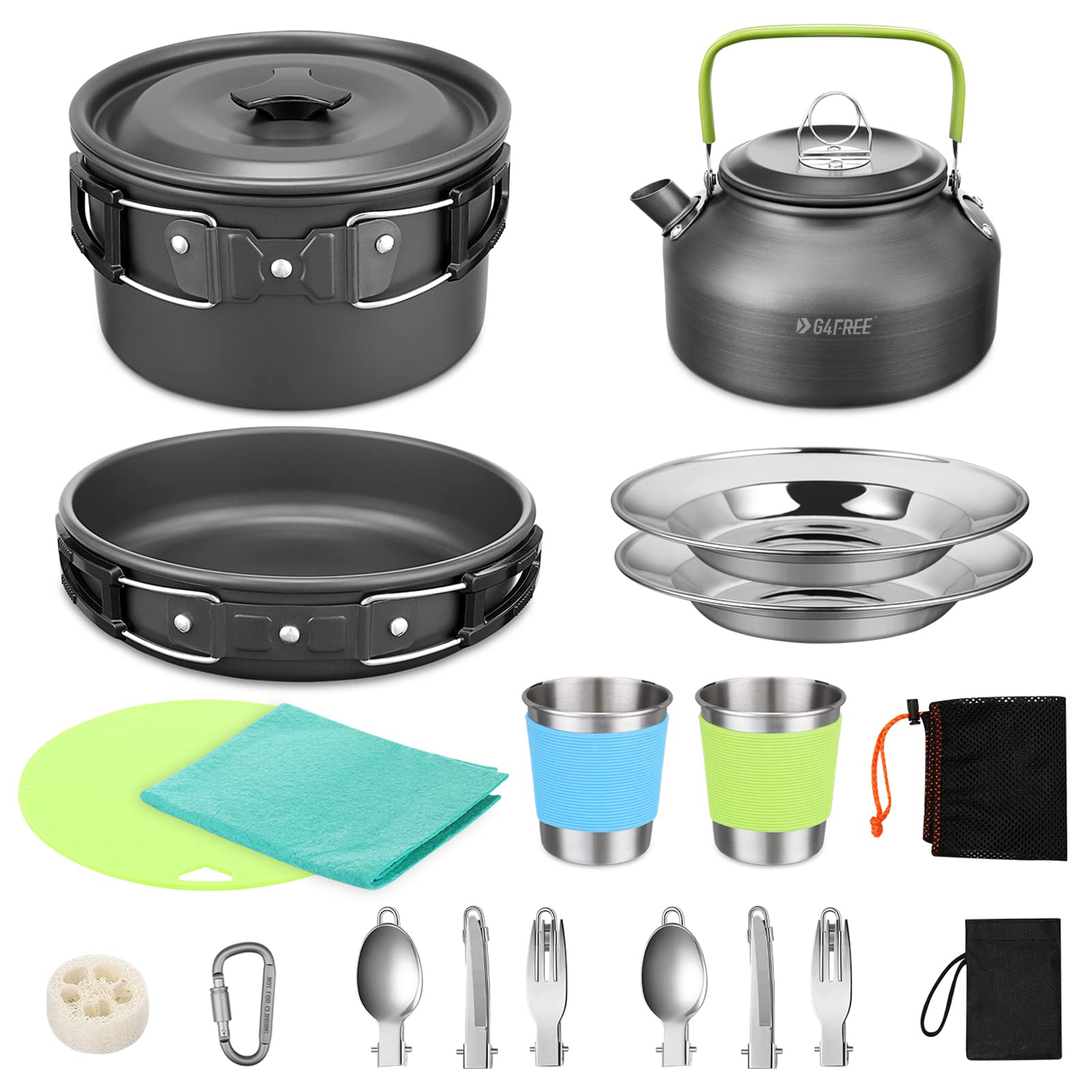 G4Free 19PCS Camping Cookware Set - Non-Stick Pot & Pan with Kettle, Stainless Steel Cups, Plates, Forks, Knives & Spoons - Lightweight Backpacking Gear for Hiking, Picnics & Outdoor Cooking Adventures