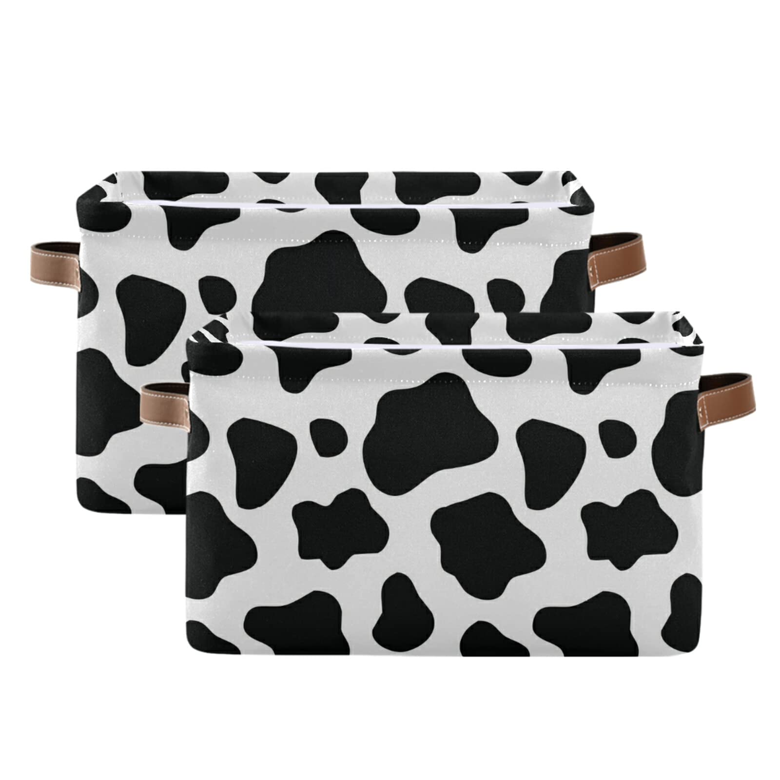 Collapsible Rectangular Storage Basket with Leather Handles - Black & White Cow Print Organizer Bin for Nursery, Shelves & Home Decor | Perfect for Baby Room Organization, Toy Storage & Farmhouse Style Decor