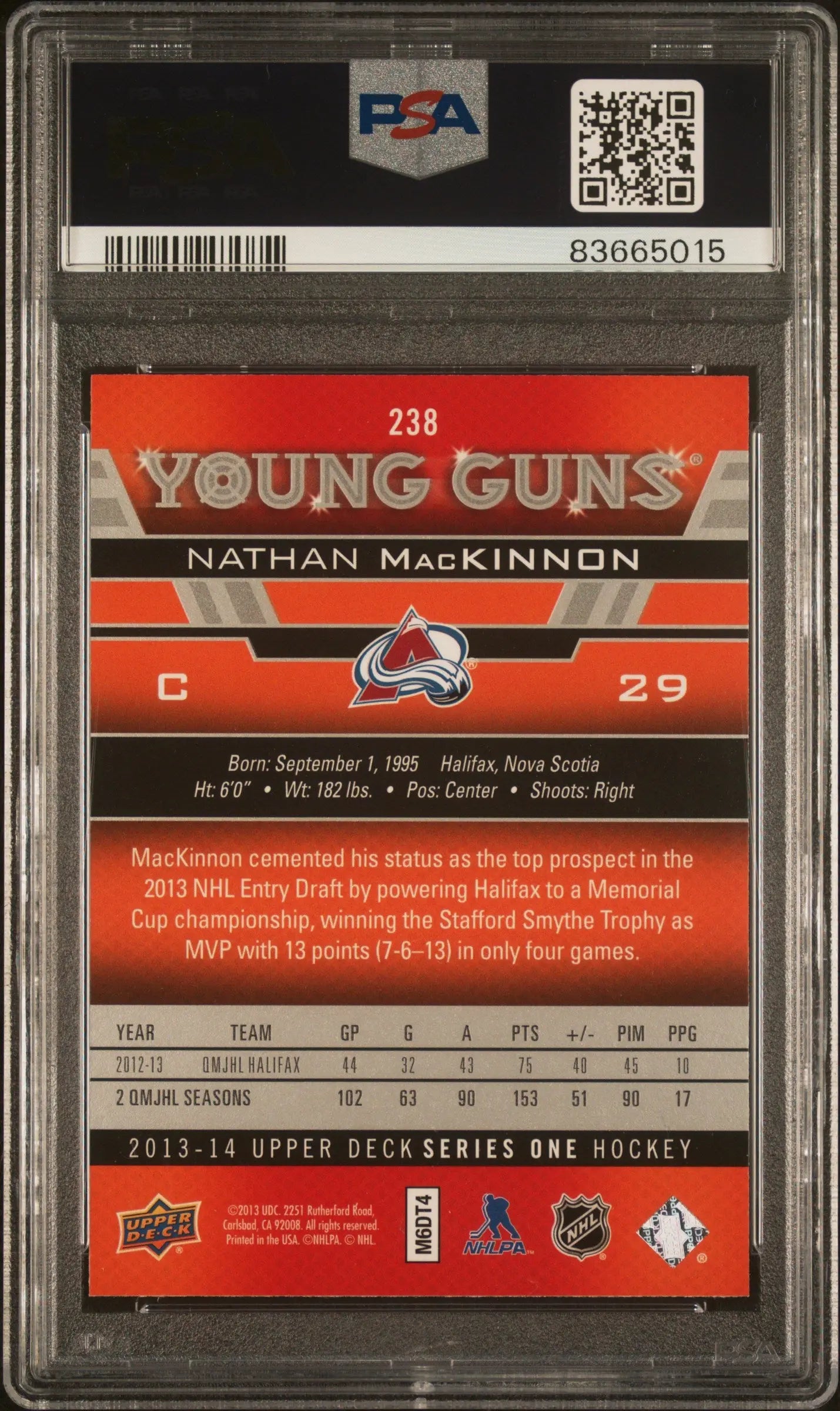 2013-14 Upper Deck Series 1 Nathan MacKinnon Young Guns Rookie Card PSA 10 Gem Mint - Perfect for Hockey Card Collectors & NHL Memorabilia Enthusiasts