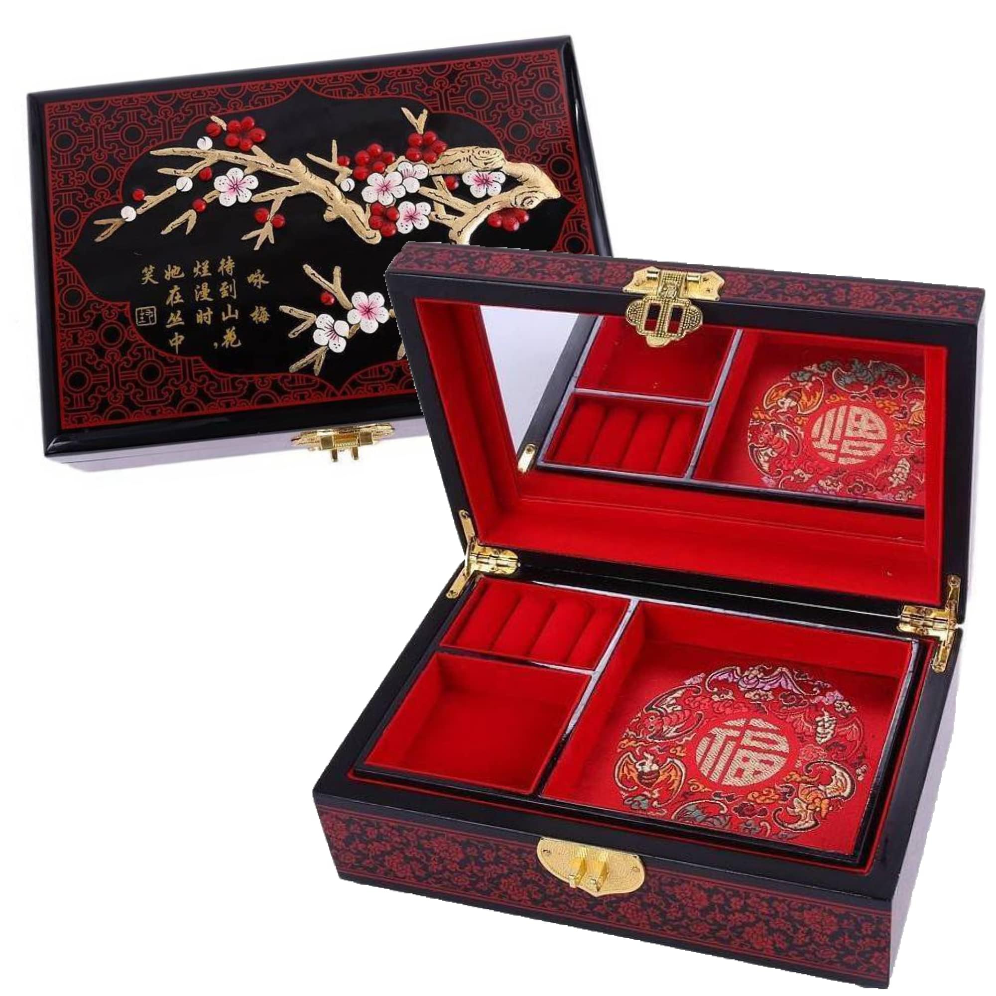 Lacquered Jewelry Box with Cherry Blossom Design - Elegant Black and Red Finish for Women's Accessories Storage | Perfect for Gift Giving, Home Decor, and Organizing Rings, Necklaces & Earrings