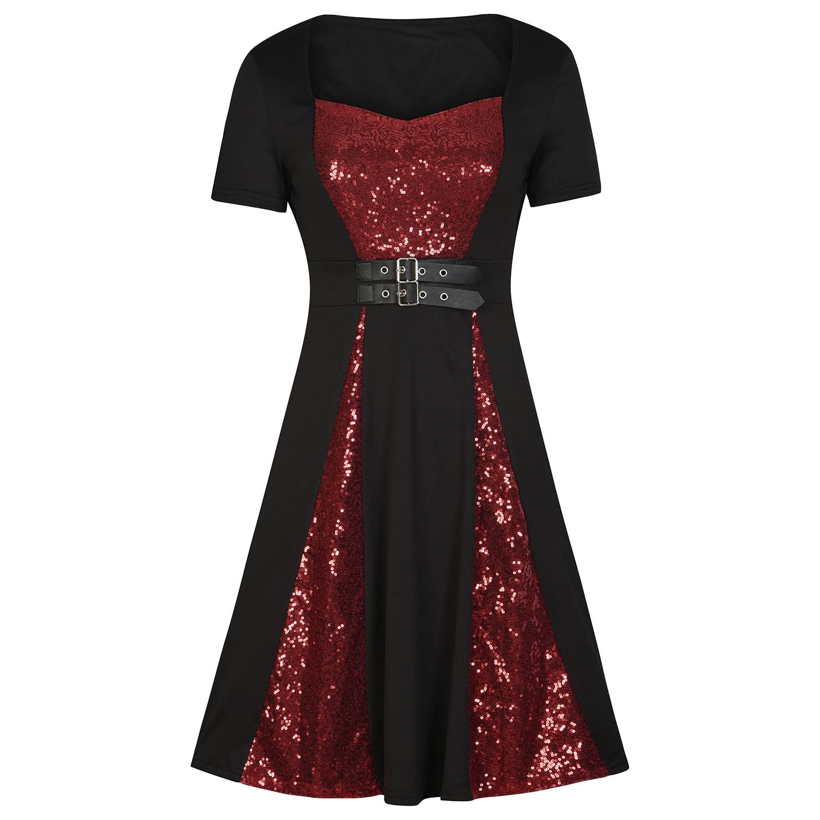 Women's Punk Sequins Panel Dress - Summer Formal & Casual Short Sleeve Dress with Buttons & Straps | Perfect for Parties, Dates, and Night Out
