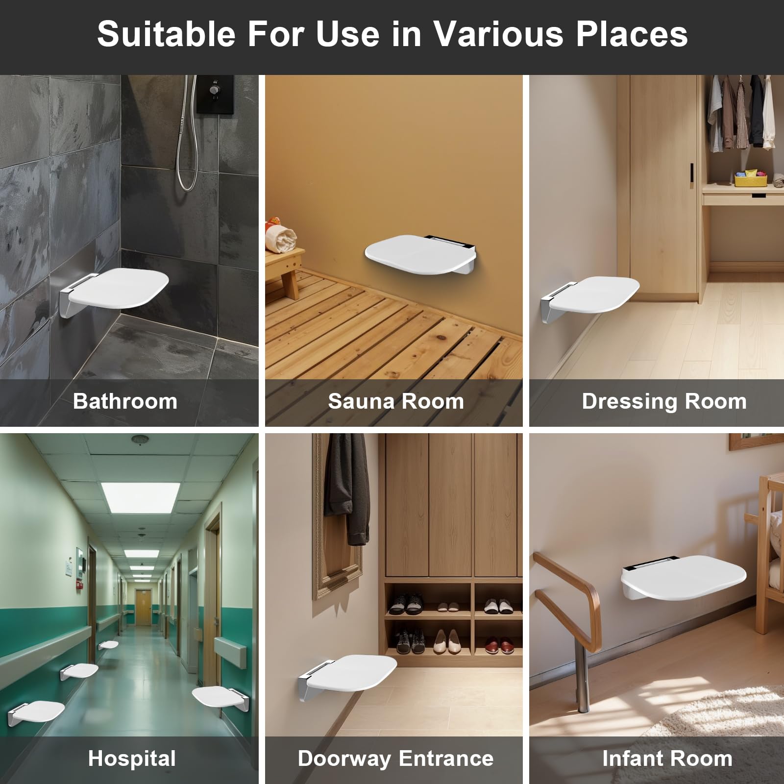 Foldable Shower Chair Wall Mounted - 400 LB Capacity Fold Down Shower Seat for Elderly, Adults & Disabled - White - Perfect for Small Bathrooms, Assisted Living & Safe Bathing
