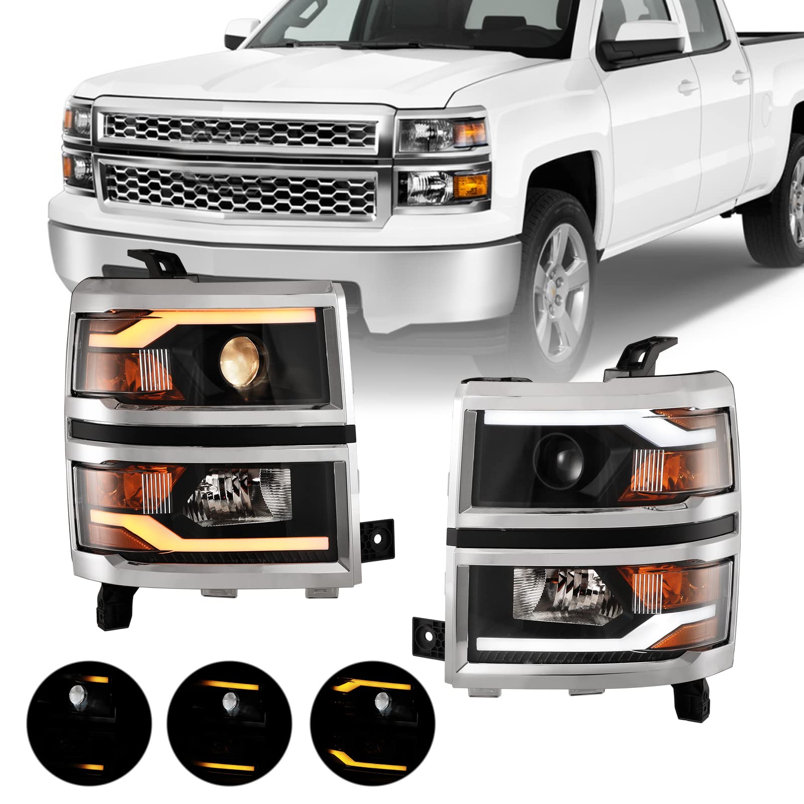 ROXX LED Sequential Turn Signal Headlight Assembly for 2014-2015 Chevy Silverado 1500 Pickup Truck - Chrome Clear Projector Headlights Pair Set (Driver & Passenger Side) - Upgrade for Enhanced Visibility & Style on Night Driving & Off-Road Adventures