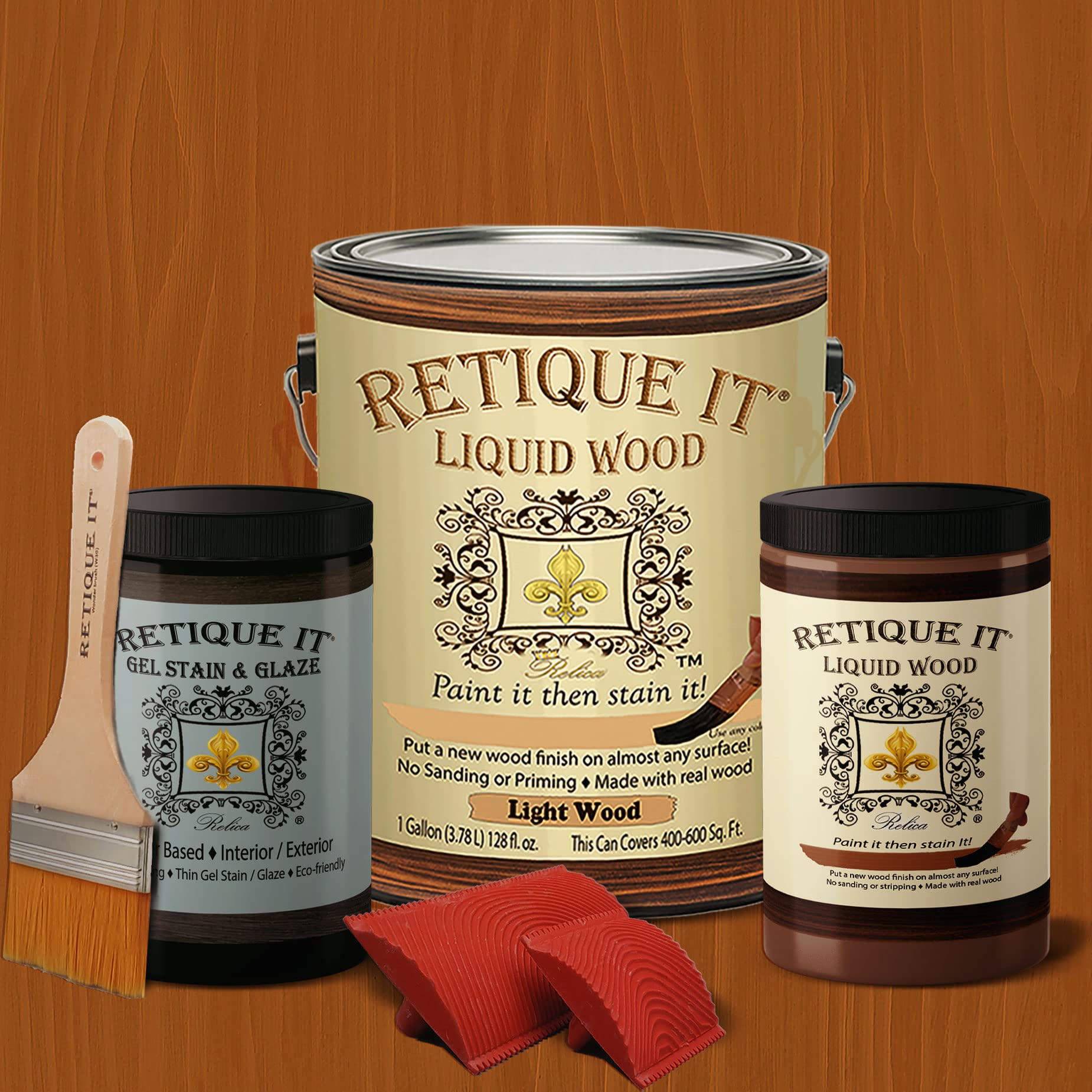 Retique It Gel Stain Liquid Wood Kit - Real Paintable Wood Finish for Furniture, Cabinets & DIY Projects (8X Gal Covers 400 sq ft, Rustic Cedar) | Perfect with Chalk Paint, Milk Paint & Wood Stains for Home Decor & Restoration