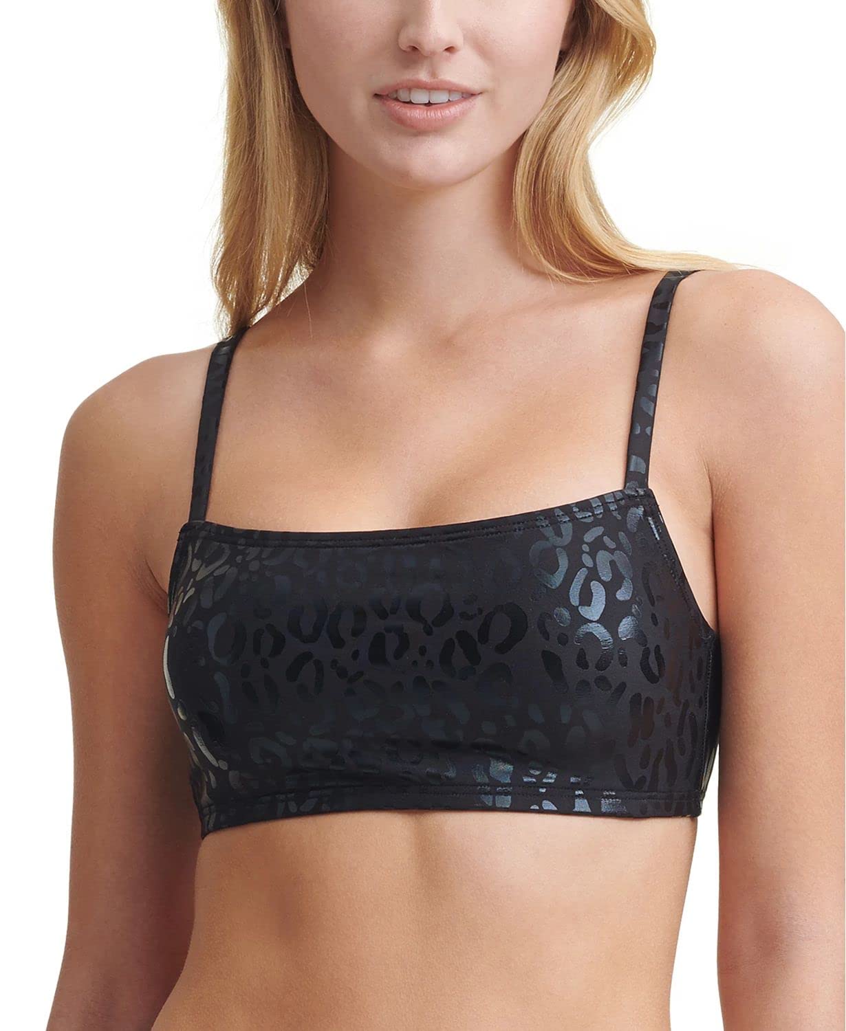 DKNY Women's Black Printed Stretch Bralette Swimsuit Top with Removable Cups & Adjustable Straps - Perfect for Beach, Pool, and Summer Vacations
