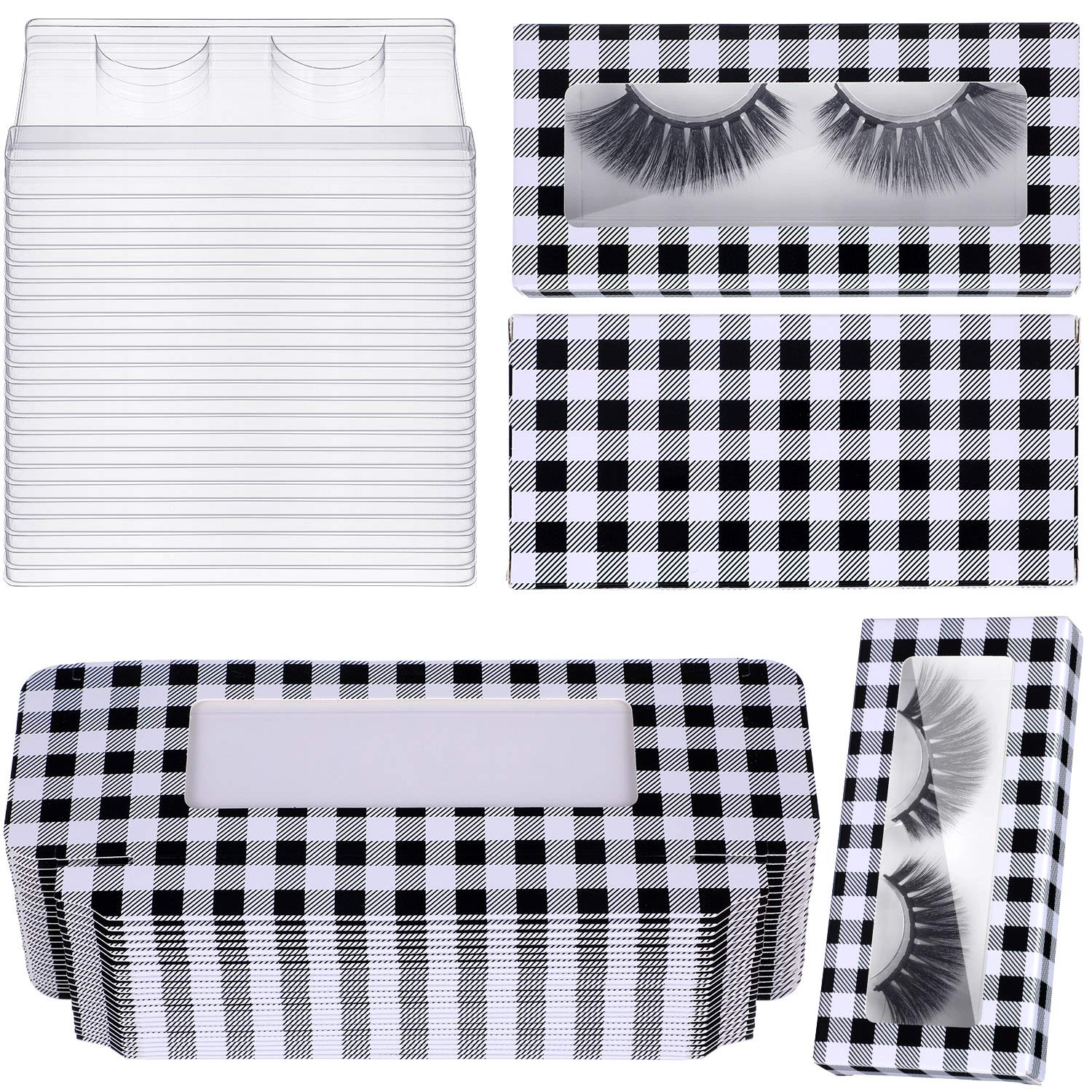 48-Piece Empty False Eyelash Box Set with 24 Plastic Buffalo Plaid Design Lash Cases & 24 Clear Eyelash Trays (White & Black) - Perfect for Eyelash Extension Storage, Salon Organization, and Professional Makeup Artists