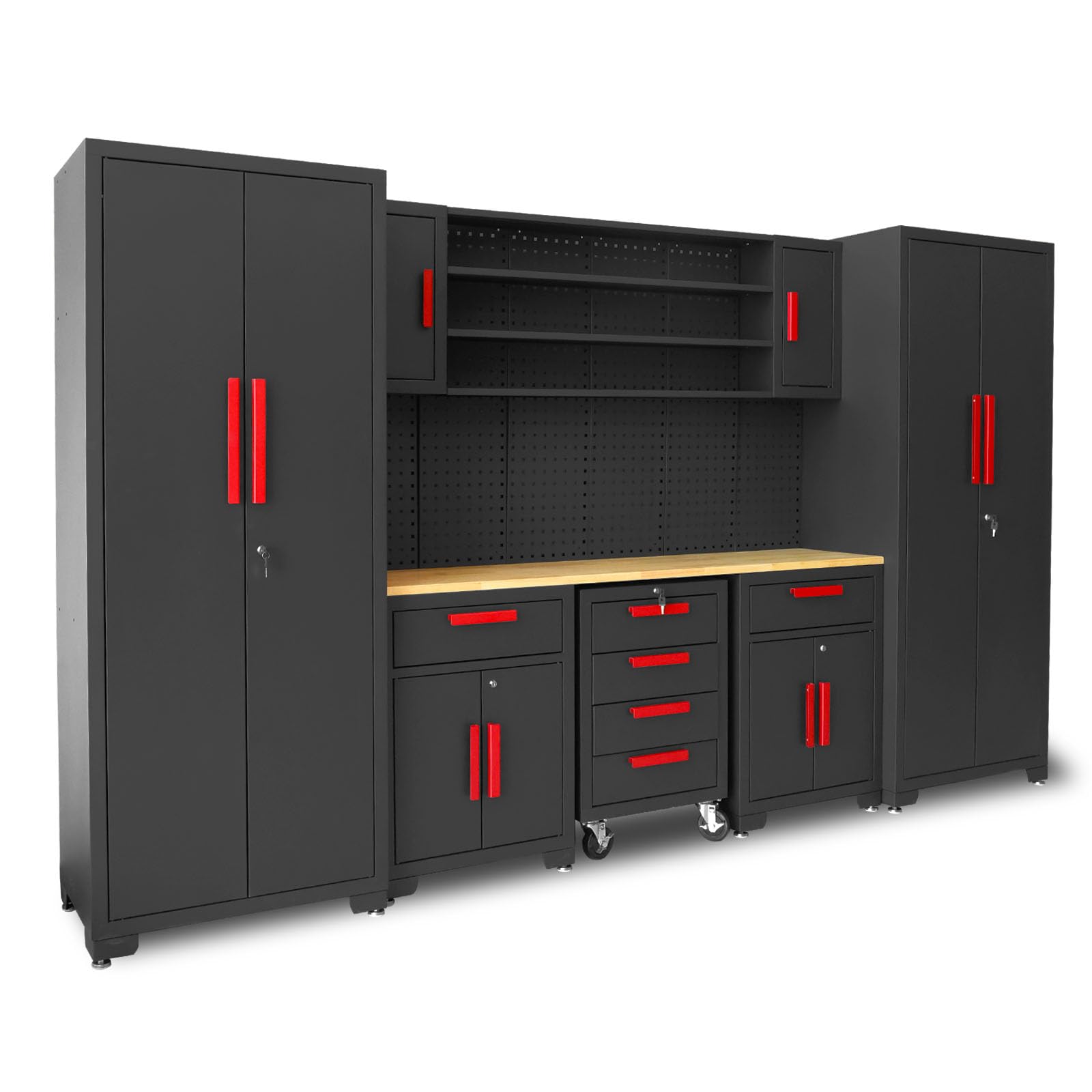 Torin 8-Piece Black Garage Storage Cabinet System - Steel Workshop Cabinets with Drawers, Rolling Chest & Pegboard - Secure Locking Storage for Home Garage Organization (Perfect for Tools, Equipment & DIY Projects)