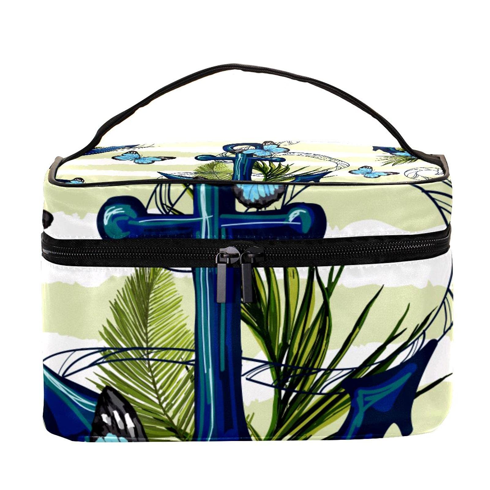 **Nautical Anchor Floral Butterfly Stripe Travel Makeup Bag – Large Cosmetic Organizer with Zipper for Women & Girls – Perfect for Travel, Gym, and Daily Essentials Storage**