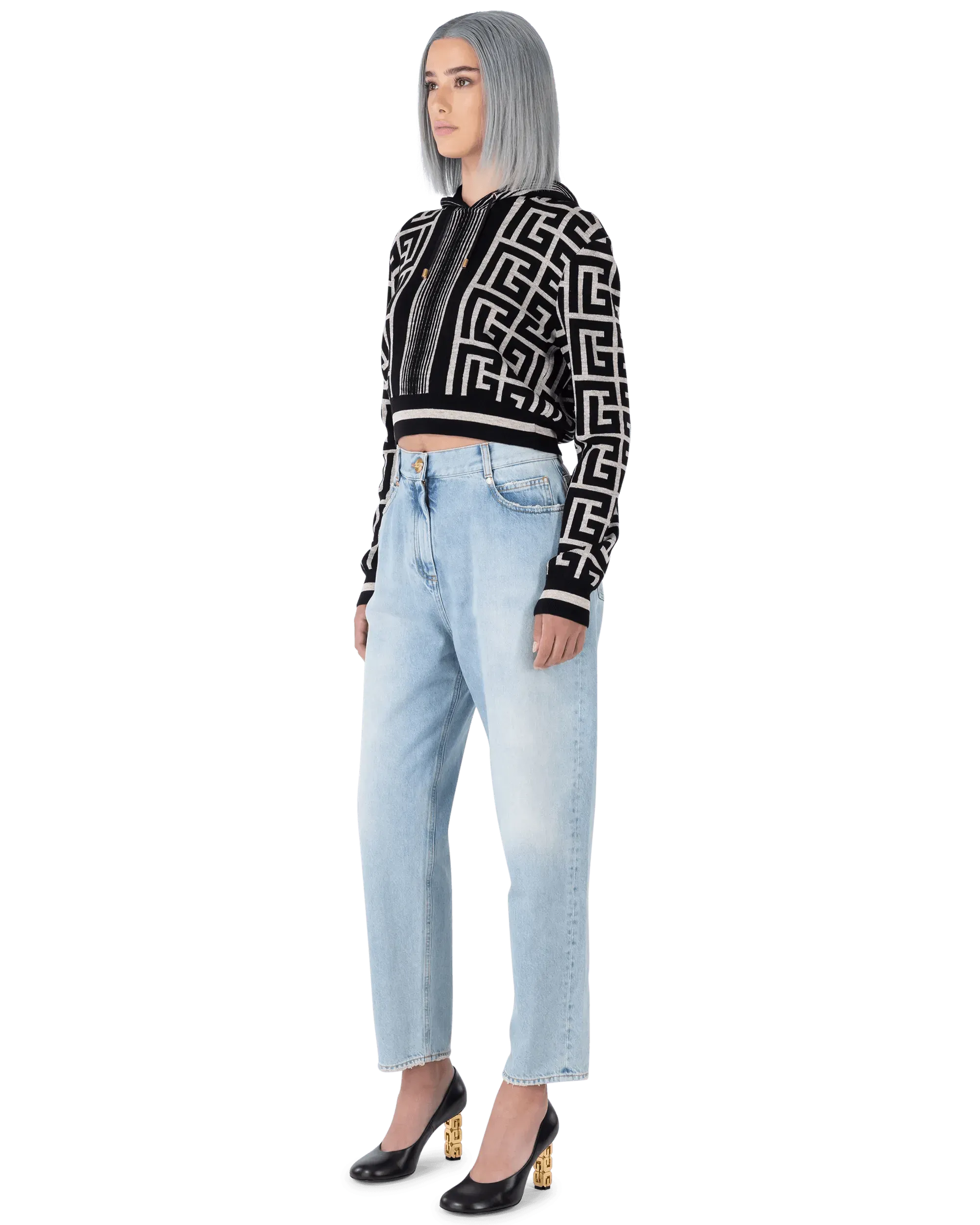 Maxi Monogram Cropped Knit Hoodie for Women - Stylish Oversized Pullover Sweatshirt for Casual Wear, Street Fashion & Loungewear