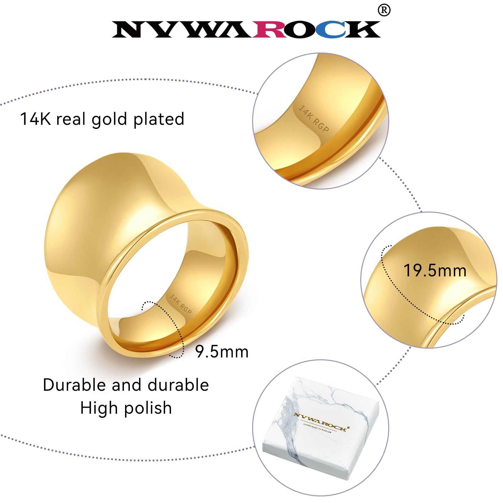 14K Gold Plated Wide Statement Band Rings for Women & Men - Polish Large Thumb & Index Finger Rings Size 6-11 (Gold/Silver) - Perfect for Weddings, Parties & Fashion Accessories