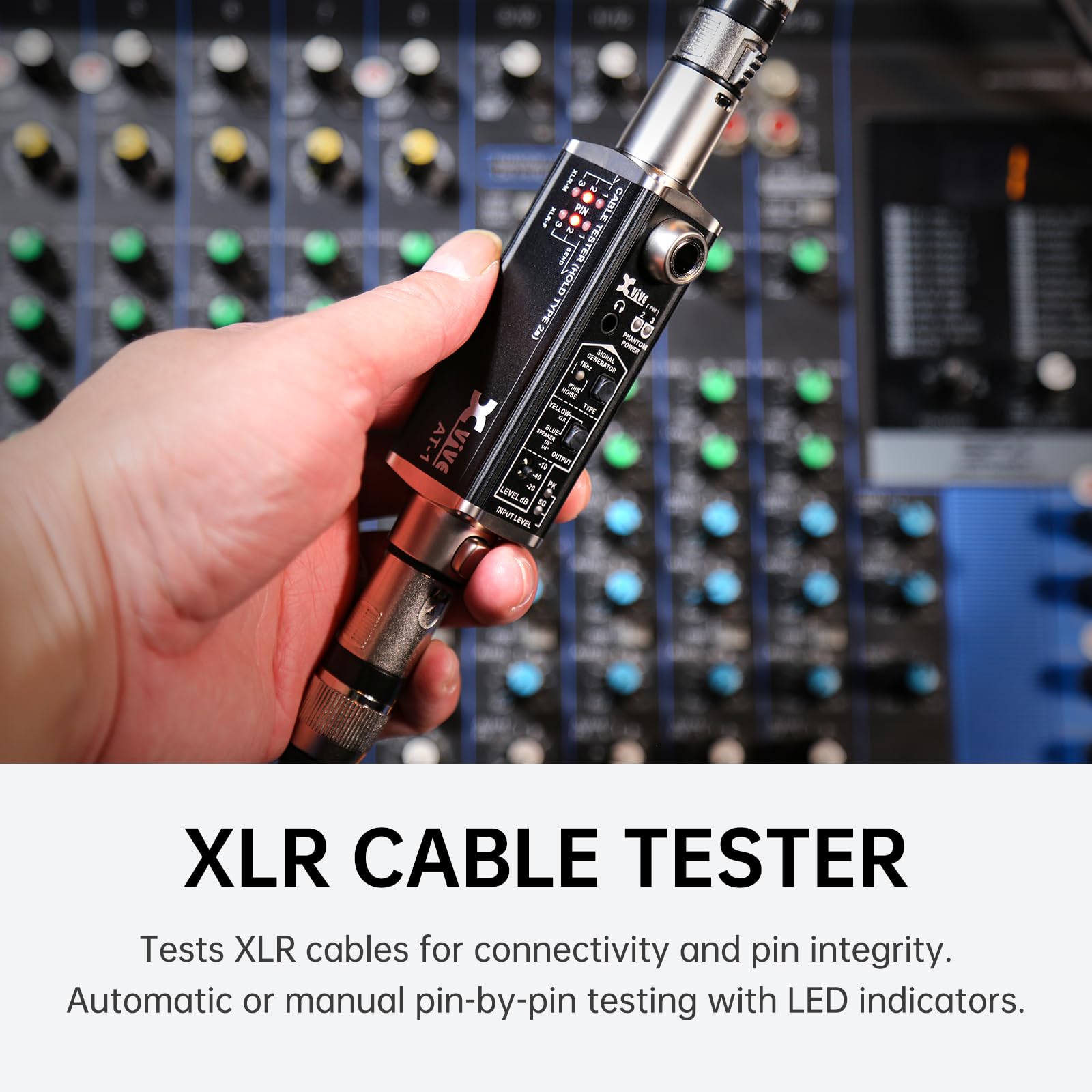 Xvive AT-1 Portable Audio Tester - Signal Generator, XLR Cable Tester, Phantom Power Checker with Input Level Meter & Headphone Monitor | Professional Audio Tool for XLR Cables, PA Systems, IEM, Mixers & DI Boxes | Perfect for Live Sound, Studio Recording & Equipment Testing