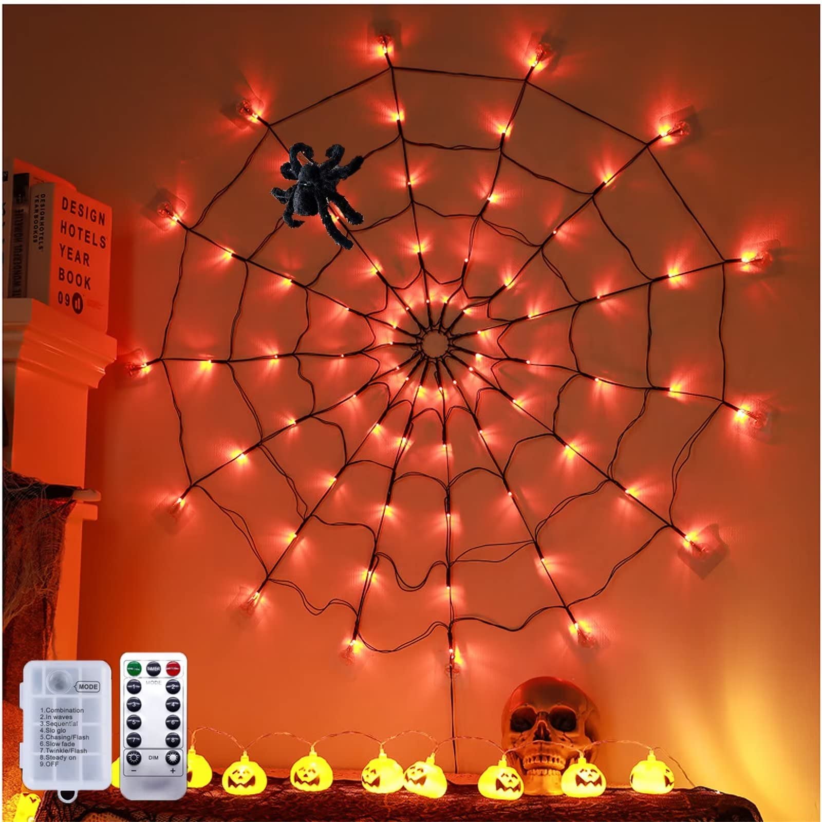 Halloween LED Spider Web Lights - 3.25ft Outdoor Waterproof Decoration with 70 Orange LEDs & Remote Control - Perfect for Porch, Yard, and Party Decor