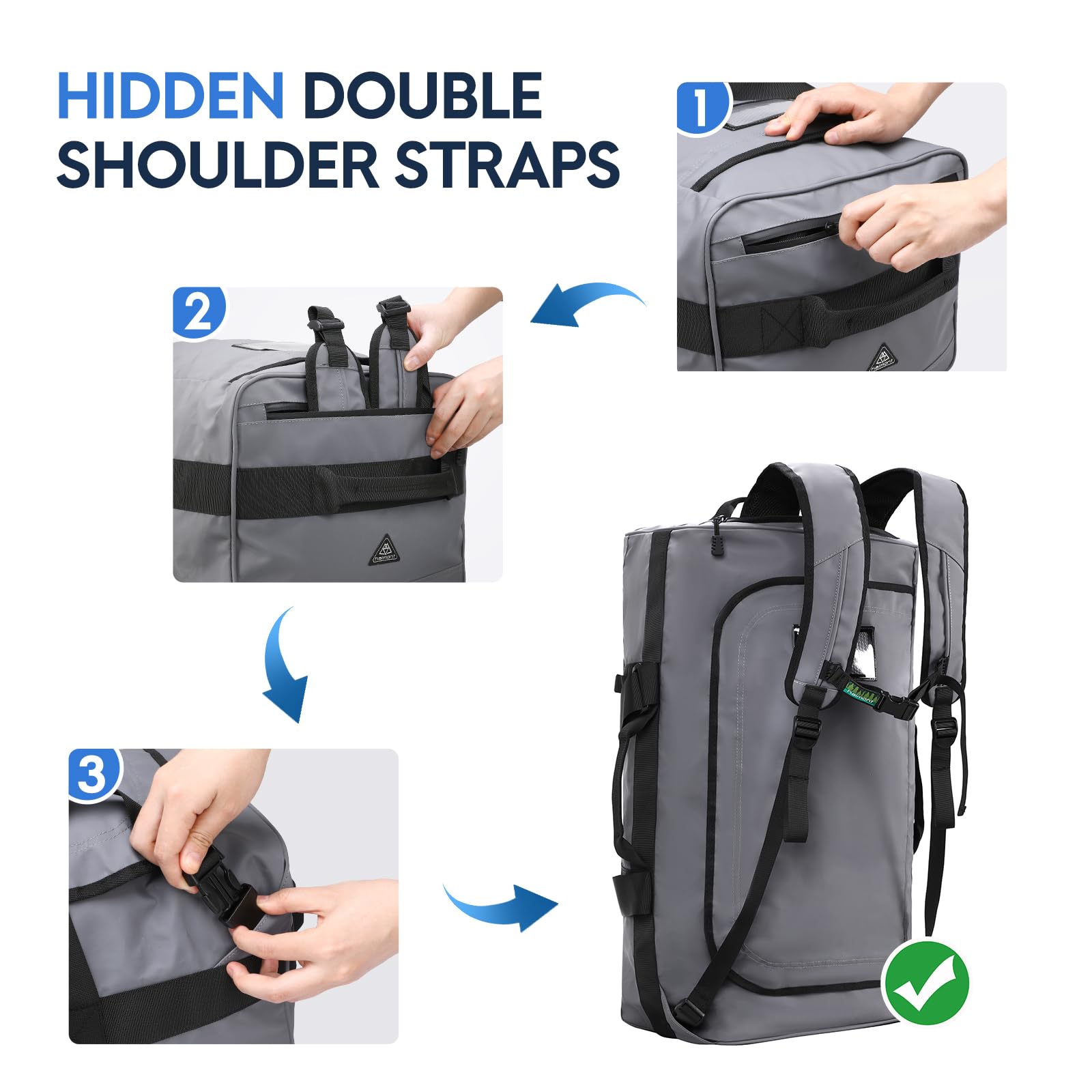 Haimont Large 60L Water Resistant Gym Duffel Backpack for Men - Sports Duffle Bag with Backpack Straps for Hiking, Travel, Workout & Weekender Trips - Durable Gray Fitness Bag for Gym, Sports & Outdoor Activities