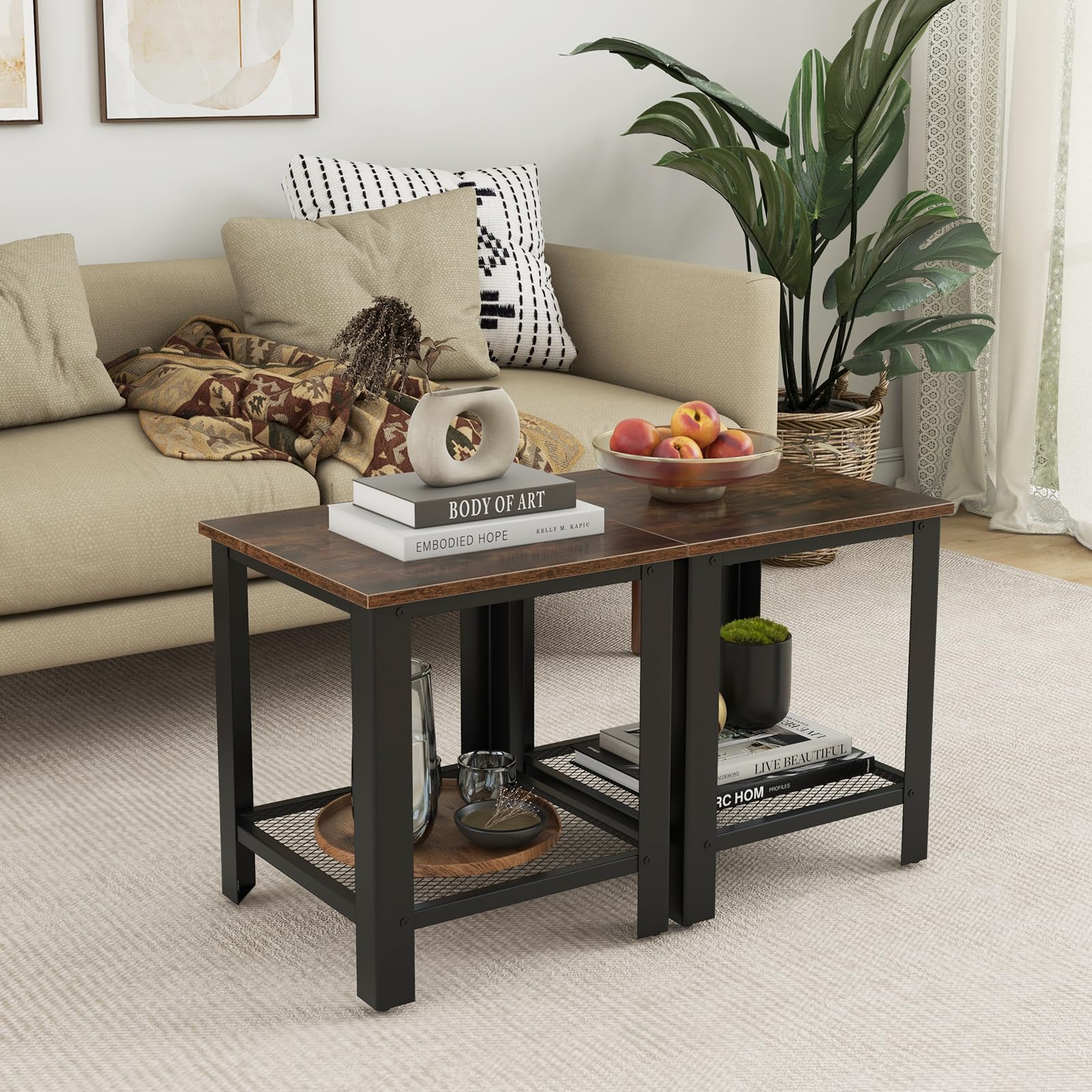 Giantex 2-Tier End Table Set of 2, 16 Inch Small Side Table with Mesh Storage Shelf, Industrial Telephone Table with Heavy-Duty Metal Frame, Square Sofa Table for Small Space Living Room, Rustic Brown - Perfect for Living Room, Bedroom, or Office Use
