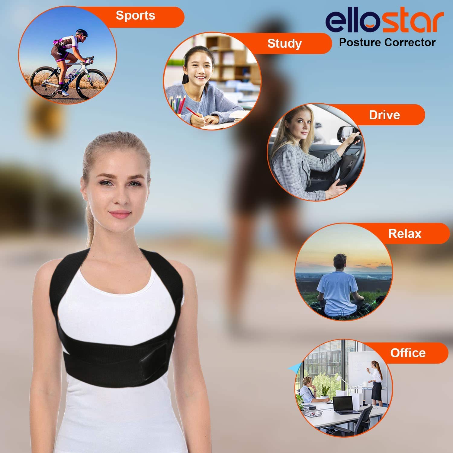 Ellostar Back Brace Posture Corrector for Women & Men - Adjustable Lumbar Support, Shoulder & Back Pain Relief - Medium (27-33 Inch) - Ideal for Office Work, Driving & Daily Posture Improvement
