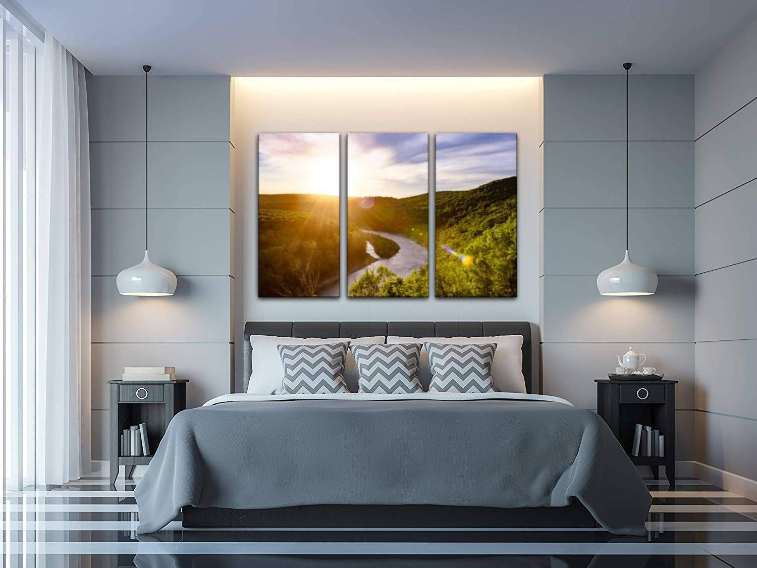 Delaware River Catskills Landscape Canvas Wall Art - 3 Panel New York Scenic Painting for Living Room & Bedroom Decor - Perfect for Home, Office & Airbnb Interior Design