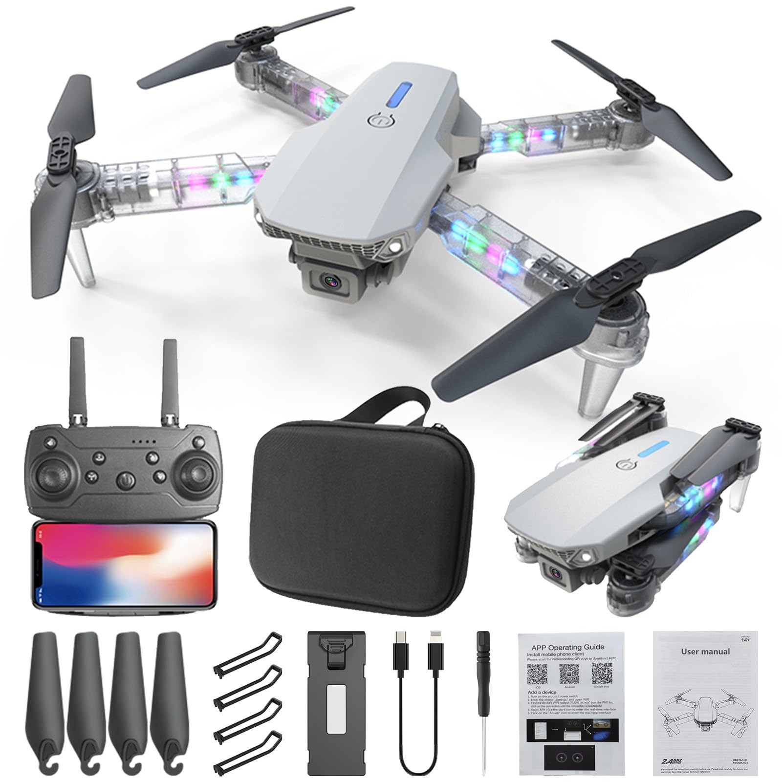 **Best Selling 1080P HD Camera Drone for Adults - WiFi FPV Quadcopter with Foldable Transparent LED Arms, 3 Flight Modes, Altitude Hold, Headless Mode & Trajectory Flight - Perfect for Aerial Photography, Travel & Outdoor Adventures**