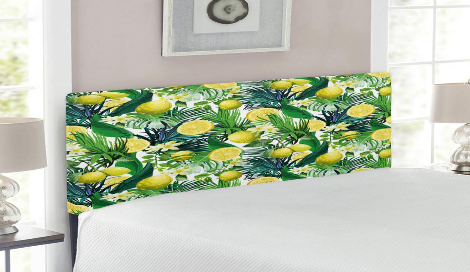 Ambesonne Queen Size Upholstered Headboard with Memory Foam - Tropical Jungle Leaf Pattern in Yellow & Forest Green - Decorative Metal Bed Headboard for Master Bedroom, Guest Room & Dorm Decor
