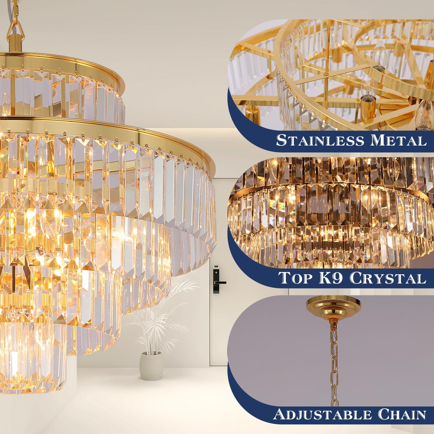 Modern Gold Crystal Chandelier - 12-Light Pendant Ceiling Light Fixture (24 Inch Diameter) for Dining Room, Living Room, Foyer, Hallway - Elegant Lighting for Home Decor & Special Occasions