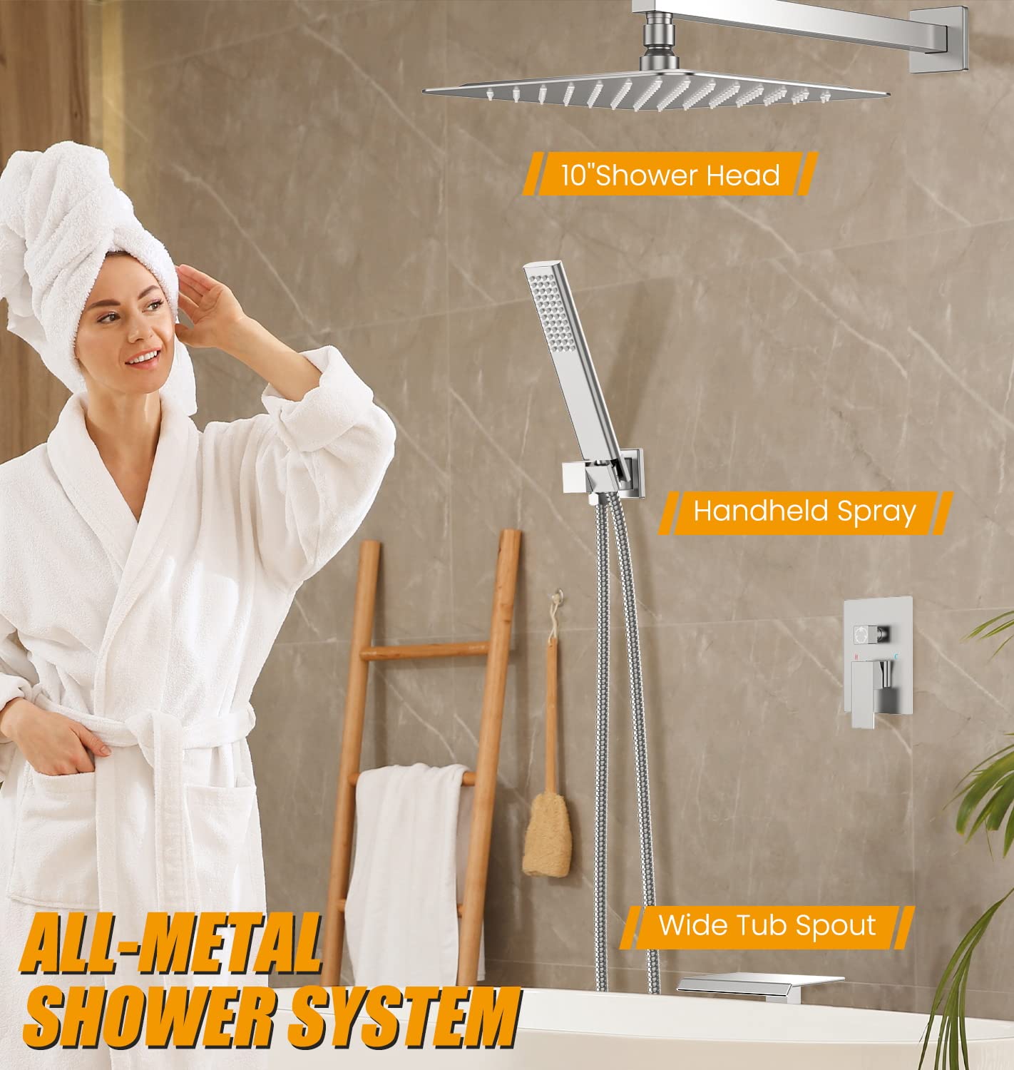 EMBATHER 12-Inch Shower System with Tub Spout - High Pressure Rainfall Showerhead & Handheld Spray - Chrome Bathroom Faucet Set (Includes Shower Valve & Trim Kit) - Perfect for Modern Bathroom Renovations & Spa-Like Shower Experience