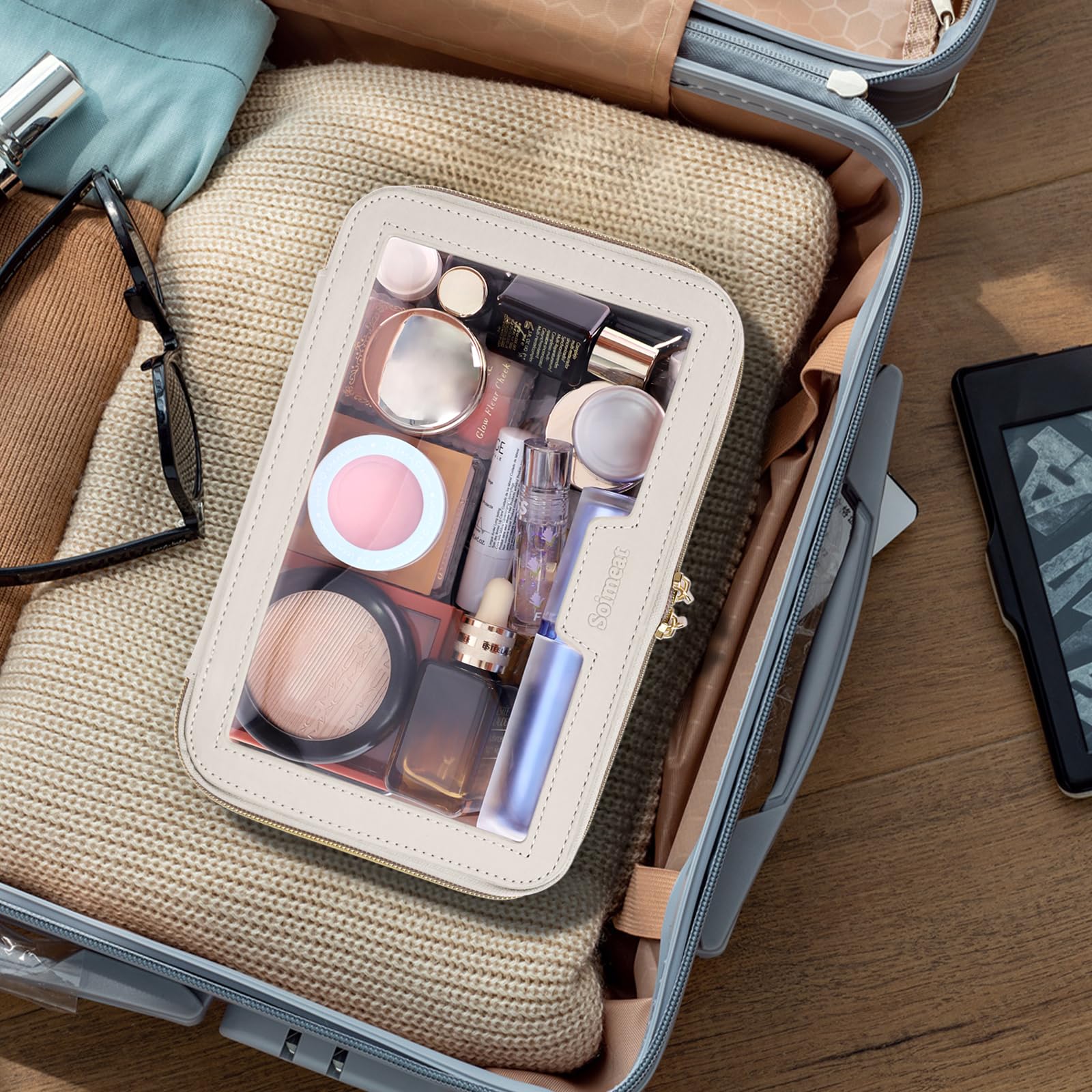 Clear Makeup Bag for Women - Leather Travel Makeup Case & Waterproof Toiletry Organizer | Portable Transparent Cosmetic Storage Pouch | Perfect for Travel, Gym, and Daily Beauty Essentials (Off-White)