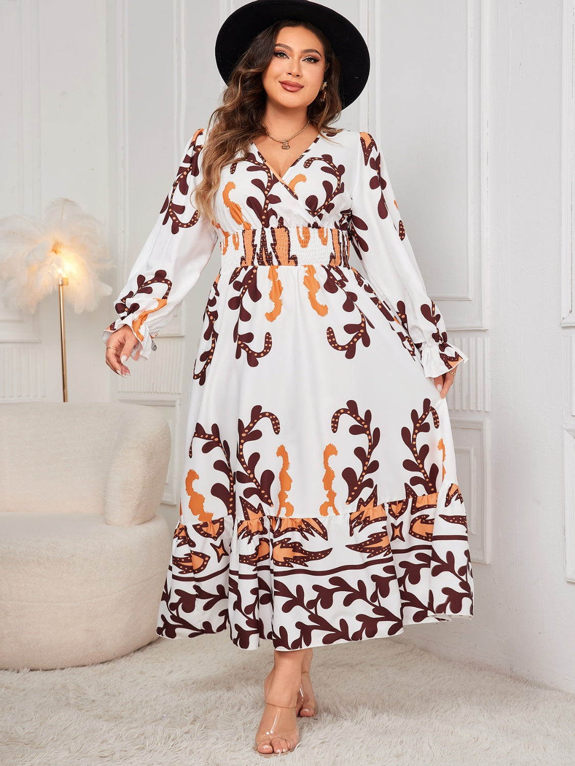 Plus Size Floral Print Surplice Wrap Dress with Flounce Sleeves - Elegant Women's Midi Dress for Wedding Guest, Cocktail Party & Special Occasions