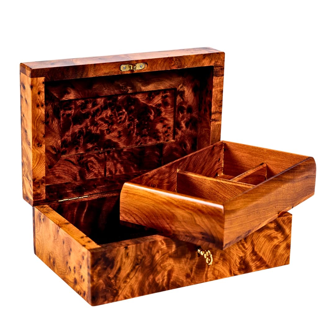 **Hand Carved Wooden Jewelry Box with Lock - Antique Multipurpose Storage Organizer for Keepsakes, Rings & Necklaces - Large Decorative Art Box for Home, Vanity & Gift Giving**