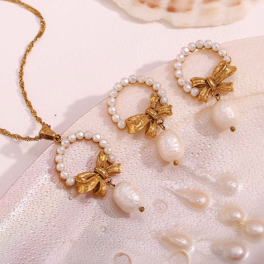 Elegant Gold Bow Pearl Drop Earrings for Women - Classic Dangle Earrings for Bridal, Party & Special Occasions | E7853