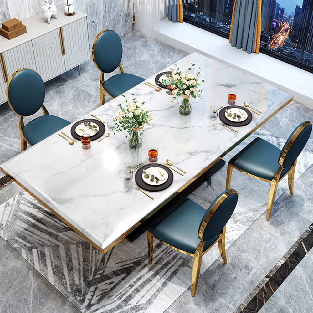 Modern White Marble Dining Table with Gold Trestle Base - 55
