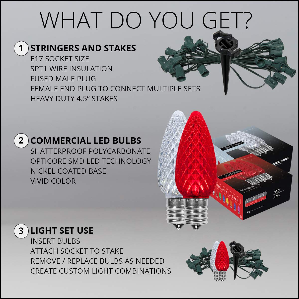 100’ OptiCore LED Christmas Pathway Lights - Red & Cool White C9 Outdoor Candy Cane Walkway String Lights with 4.5” Stakes & Green Wire Plug | Perfect for Holiday Decorations, Garden Lighting, and Driveway Illumination