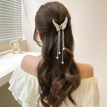 2 Pcs Cute Pearl Butterfly & Stone Hair Claw Clips - Elegant Hair Accessories Combo for Women & Girls | Perfect for Parties, Weddings & Daily Hairstyles