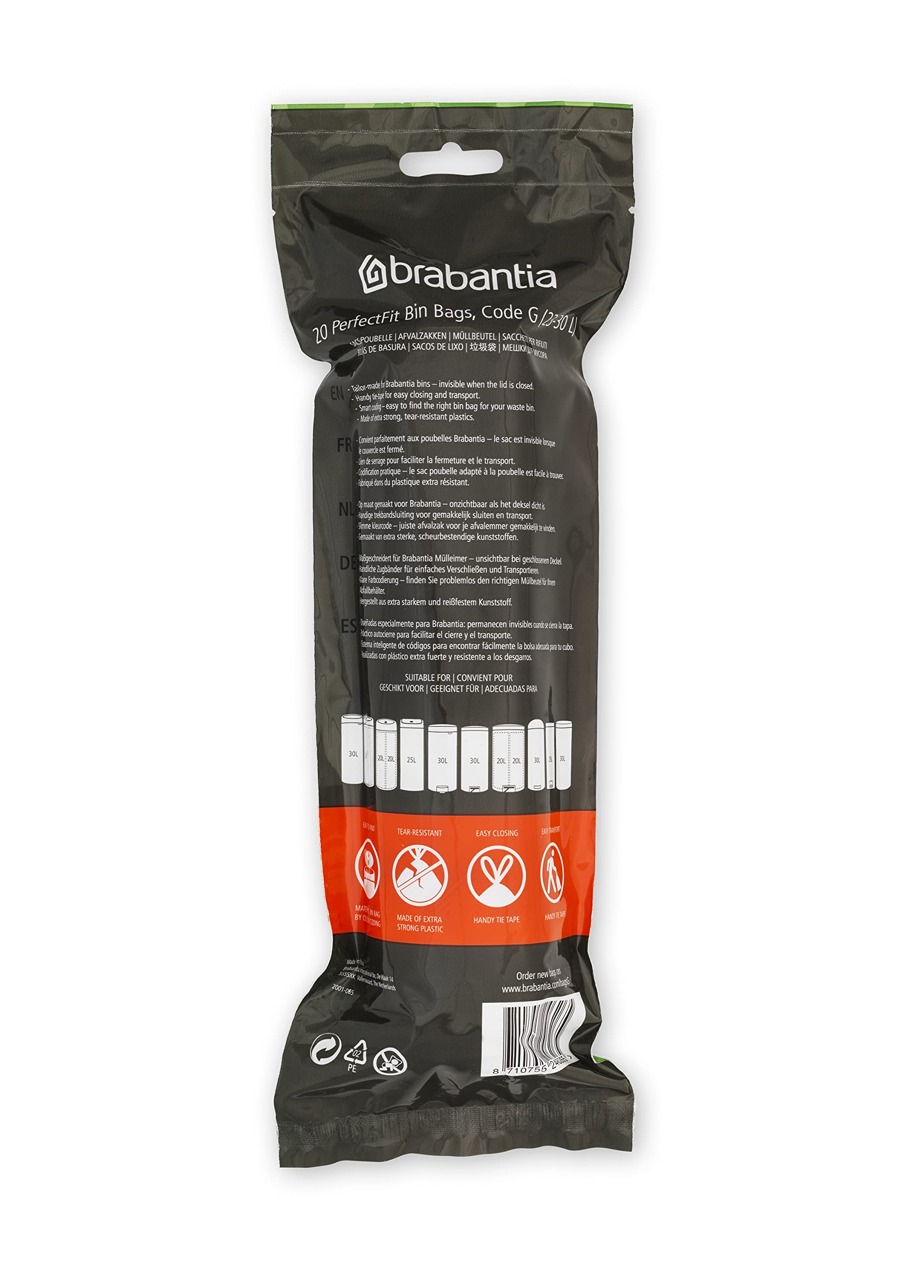 Brabantia PerfectFit 6-8 Gallon Trash Bags - Thick Plastic Drawstring Trash Can Liners (120 Count) for Kitchen, Bathroom & Office Waste Disposal