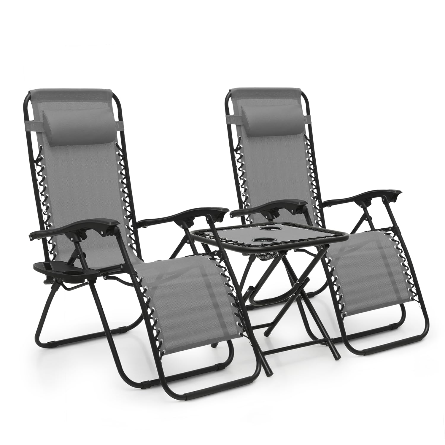 MoNiBloom 3-Piece Zero Gravity Lounge Chair Set - Adjustable Reclining Outdoor Chairs with Side Table, Pillow & Tray - 330lbs Capacity - Perfect for Pool, Patio, Beach, Backyard & Camping - Space Gray