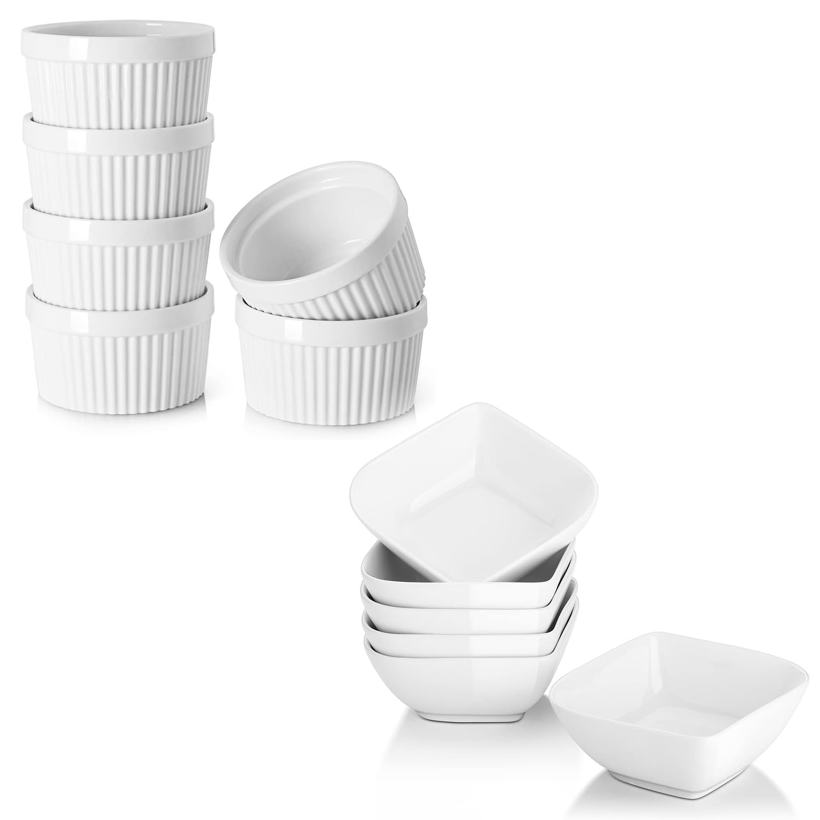 DOWAN 8 oz Porcelain Ramekins Set of 6 - Oven Safe Square Dessert Bowls for Creme Brulee, Souffle, Sauce & Dipping - Perfect for Baking, Serving & Entertaining - Elegant White Small Serving Dishes
